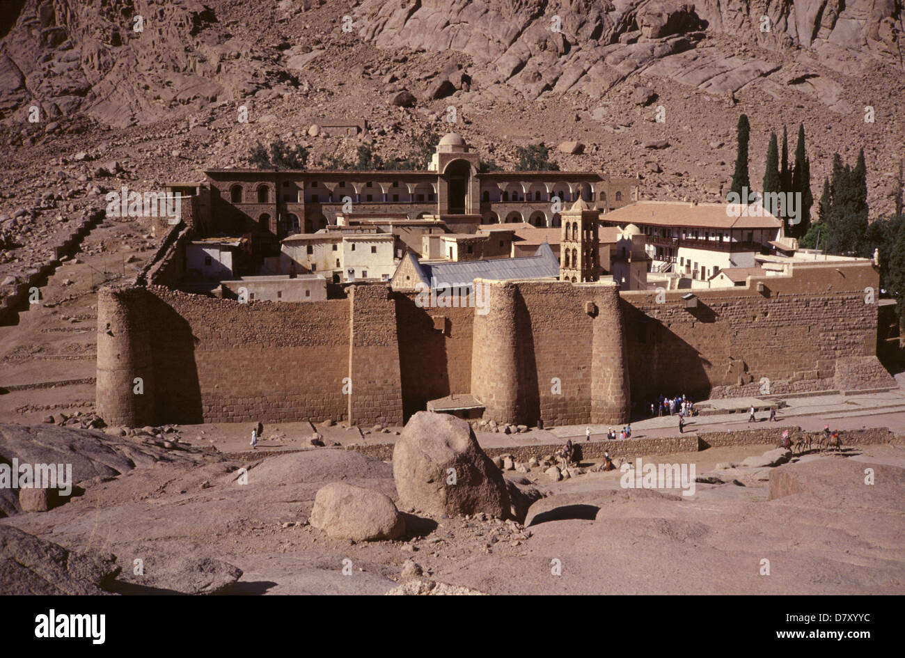 The walled monastery of the 5th century Saint Catherine's Monastery located in the Sinai Peninsula at the foot of Mount Sinai, in the South Sinai Governorate. Egypt. The monastery is one of the oldest working Christian monasteries in the world and is a UNESCO World Heritage Site. Stock Photo