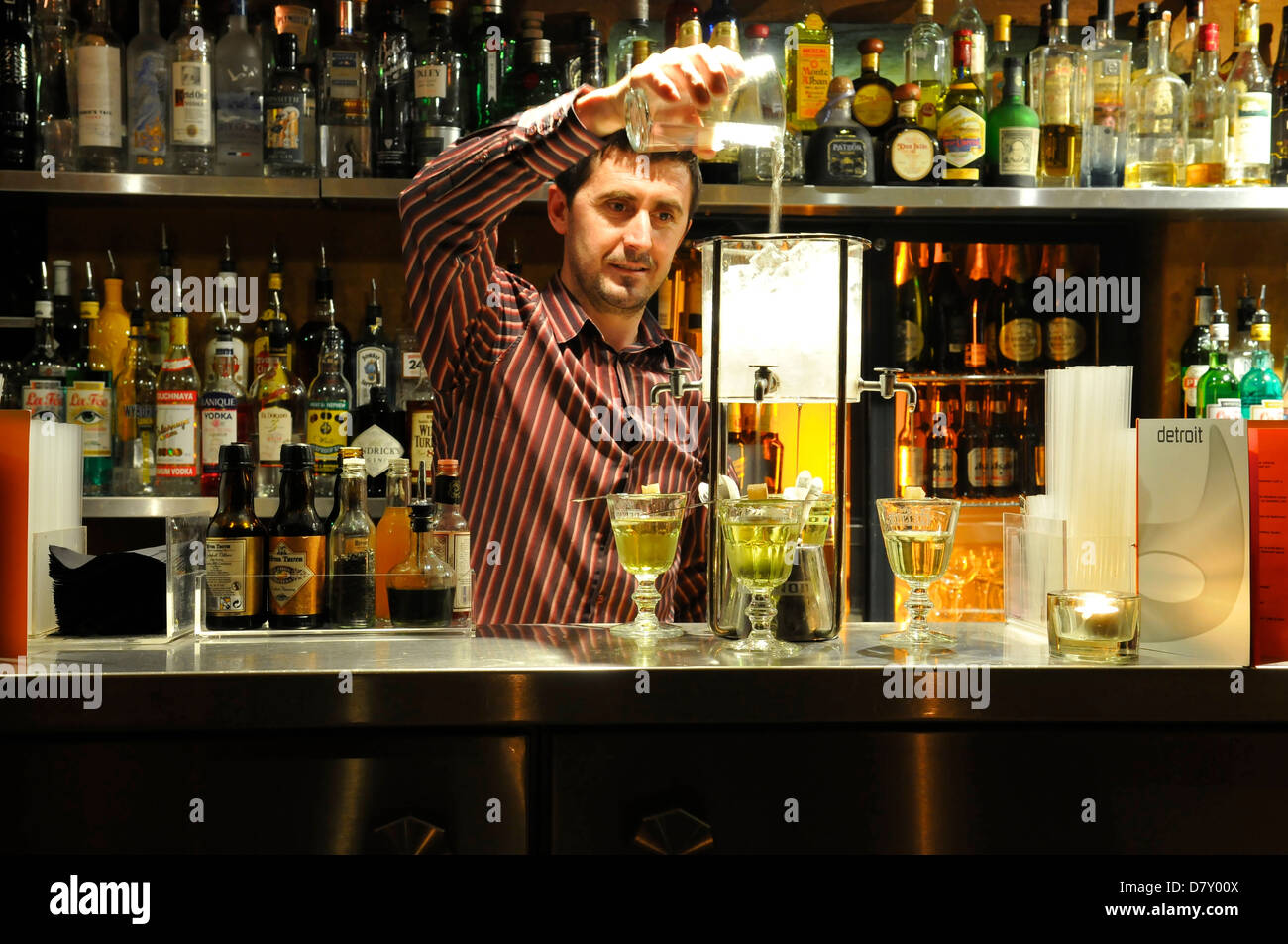 Barman fixing an absinthe drink at Detroit Bar in Covent Garden, London Stock Photo