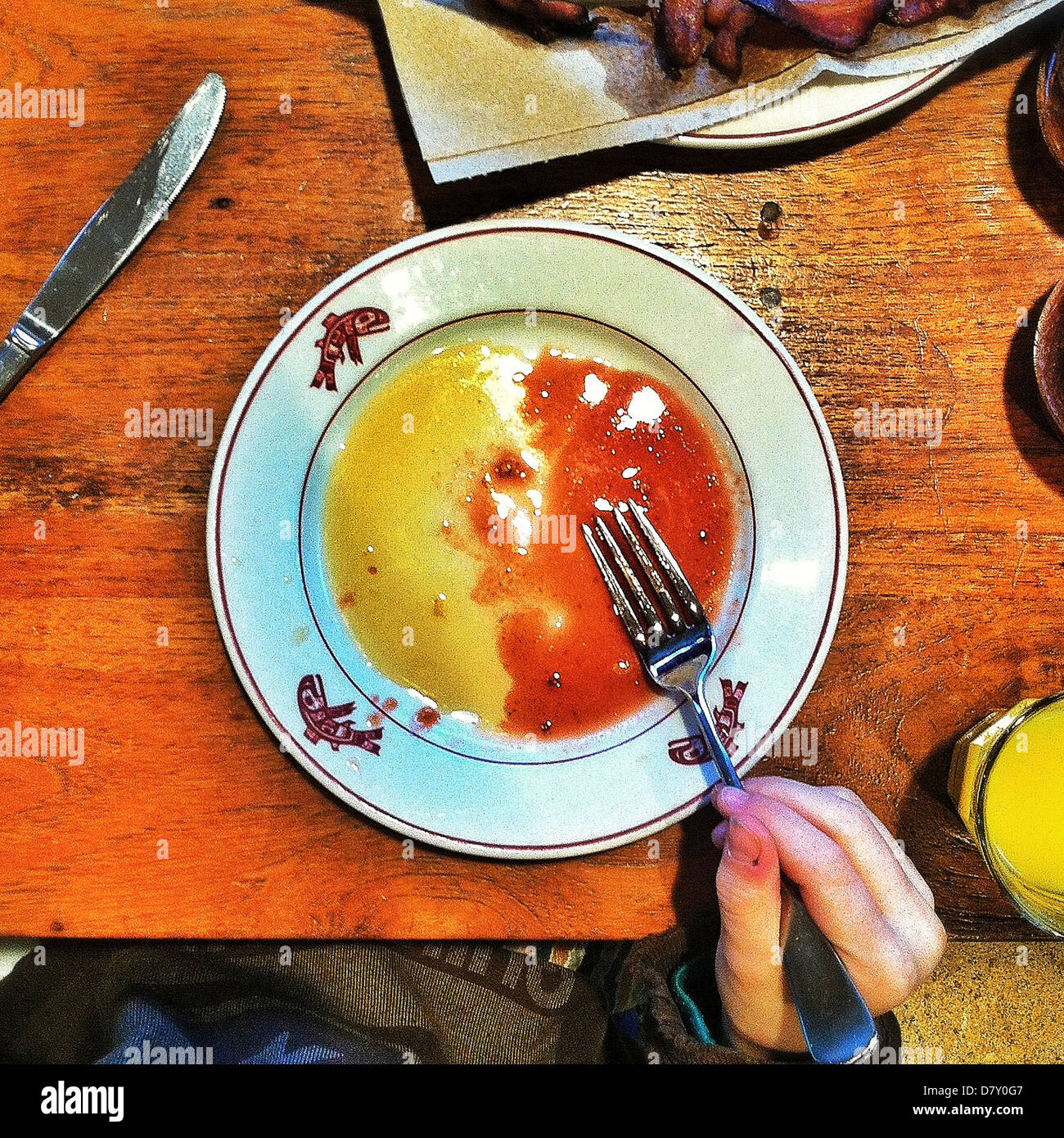 Hand holding fork on empty plate - Smartphone Captured Stock Image