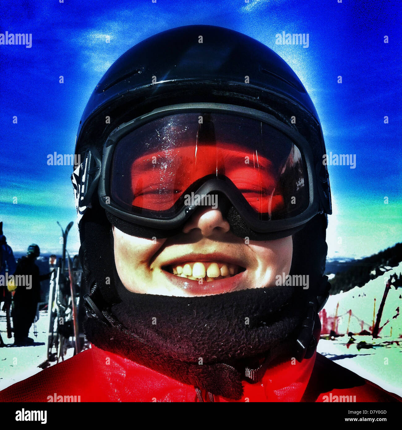 Caucasian boy wearing ski mask on mountain Stock Photo