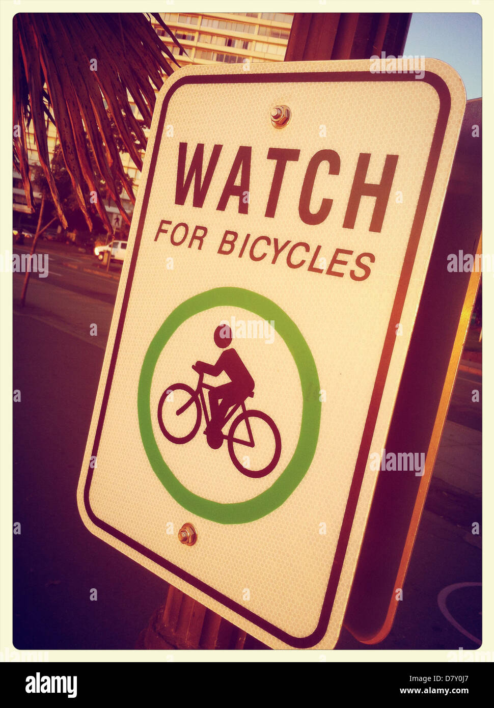 Close up of 'watch for bicycles' road sign - Smartphone Captured Stock Image