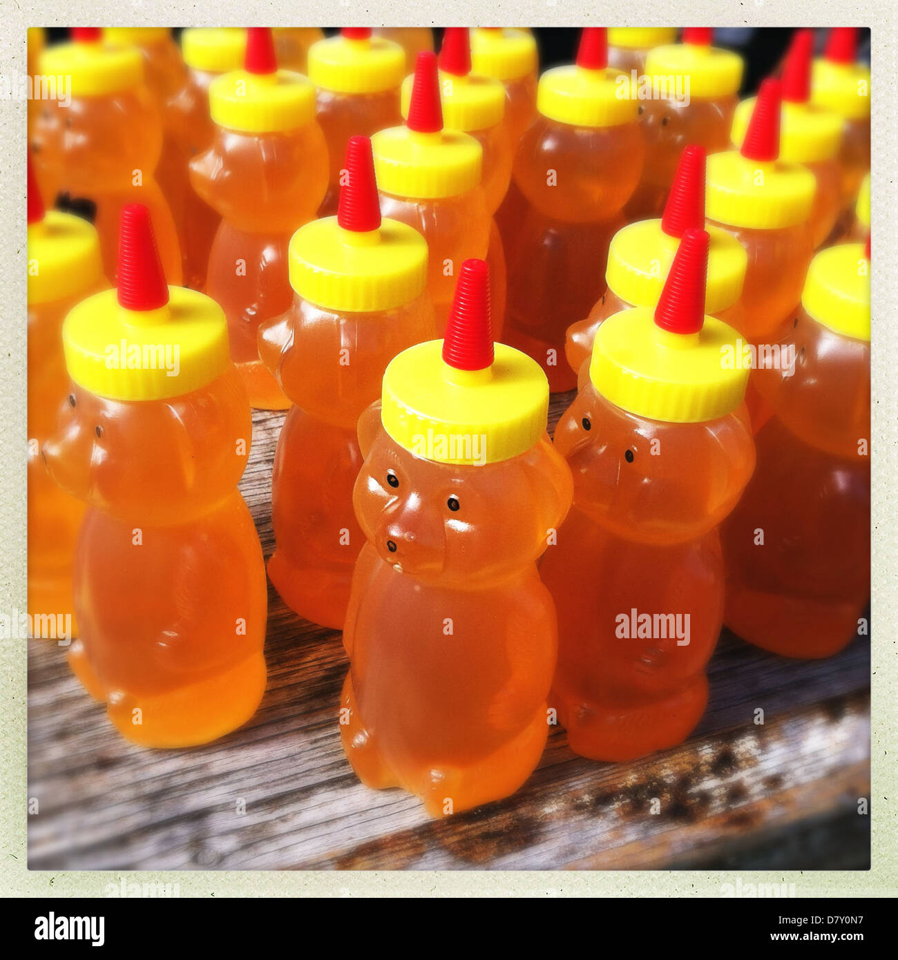 Honey in bear squeeze bottles Stock Photo Alamy