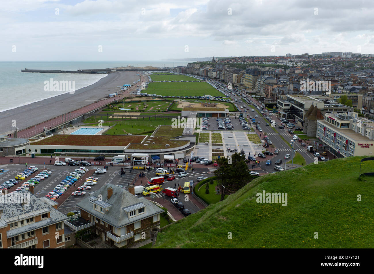 Beach, lawns and promenade from above, Dieppe, France, Normandy Stock Photo