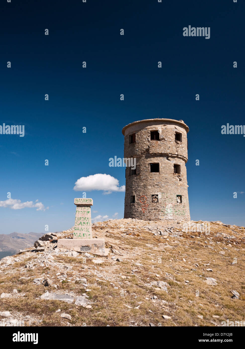 Summit watchtower and trig point on Titov Vrv (2747m), the highest peak in Sar Planina, Macedonia Stock Photo