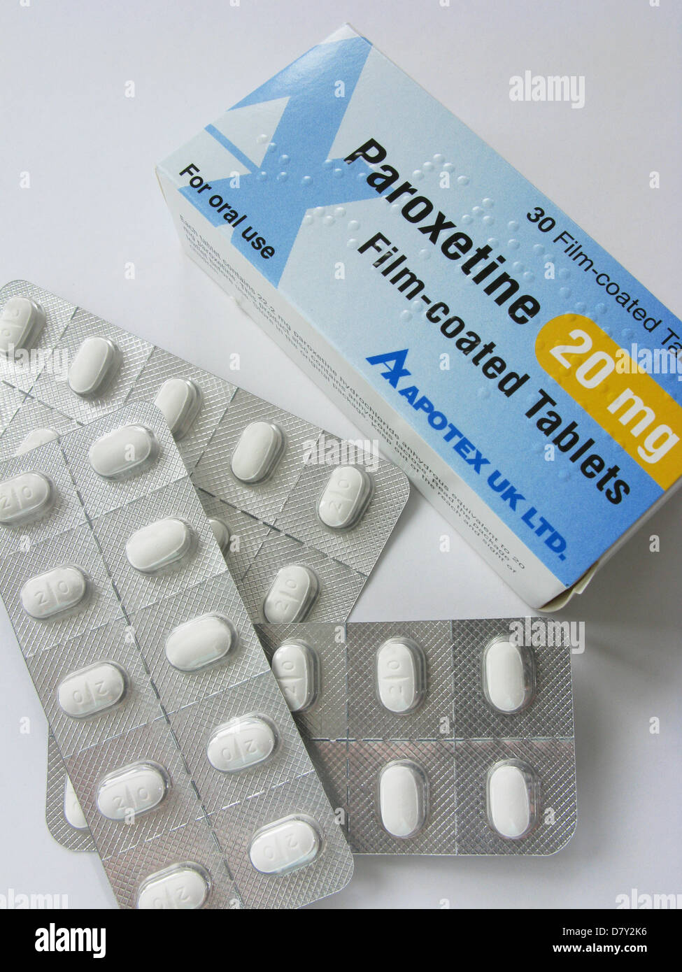 Paroxetine tablets - selective serotonin reuptake inhibitors SSRI 's used  to treat depressive conditions (OCD Stock Photo - Alamy