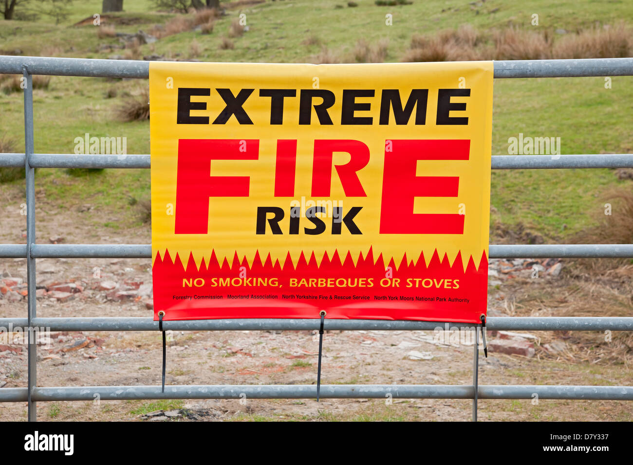Close up of Extreme fire risk warning safety notice sign signage attached to farm gate North Yorkshire England UK United Kingdom GB Great Britain Stock Photo