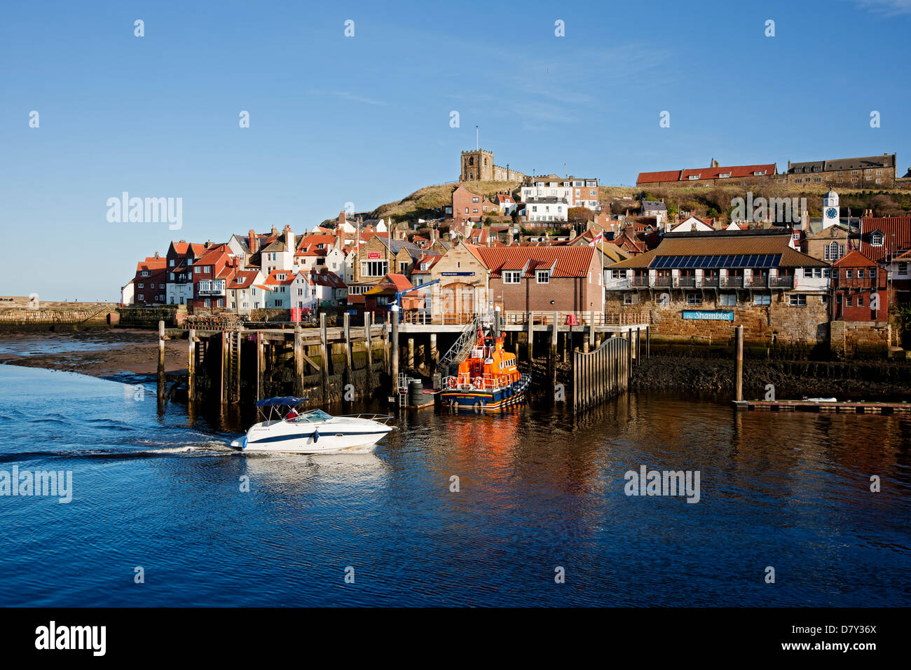 Whitby harbour and lifeboat boat RNLI station in winter North Yorkshire ...