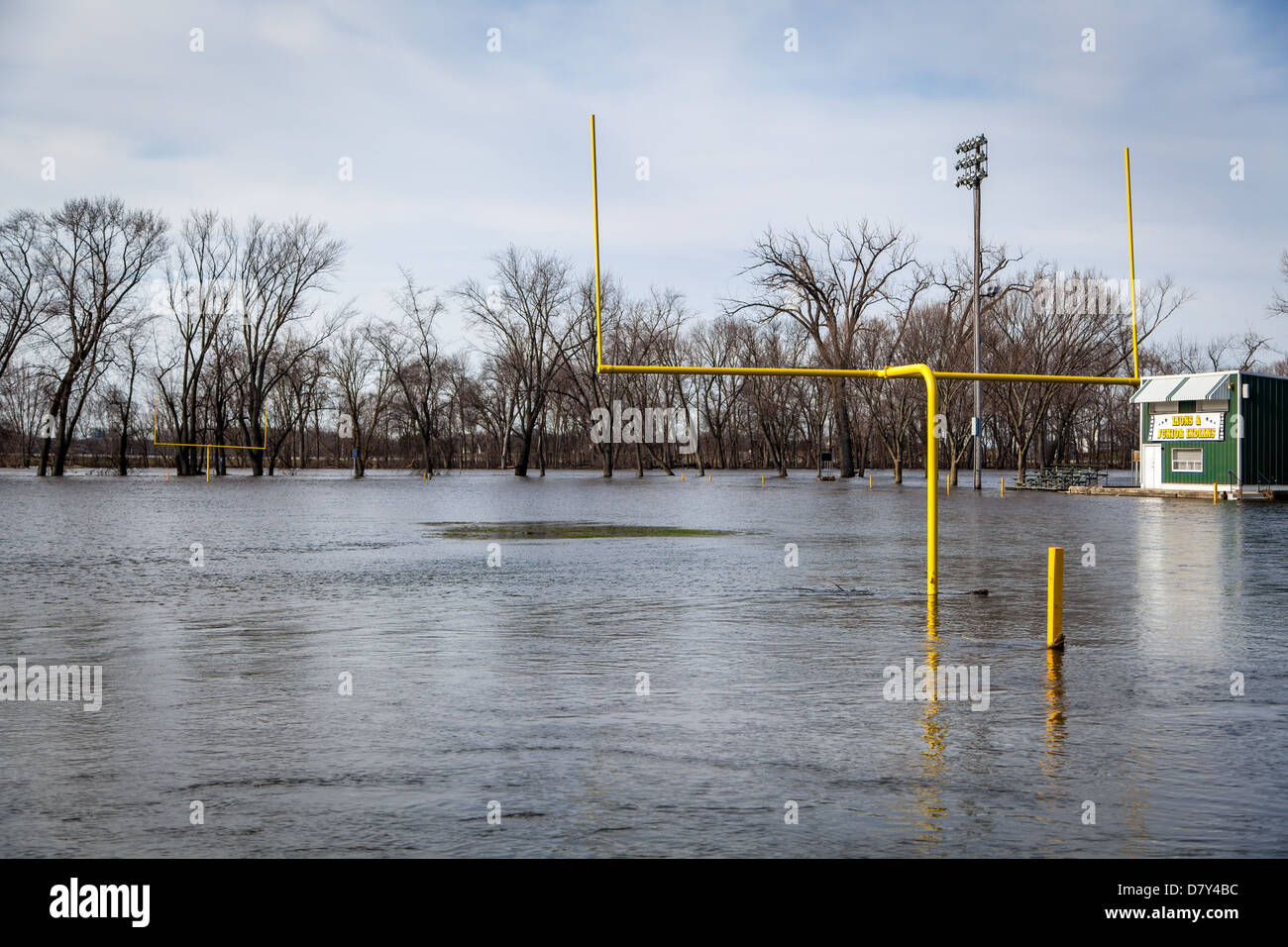 Rock River overflows and floods a football field Stock Photo