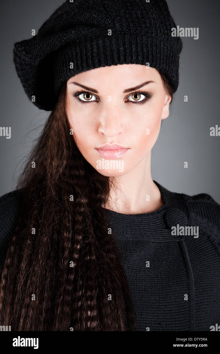 beautiful girl in a beret on the dark Stock Photo Alamy