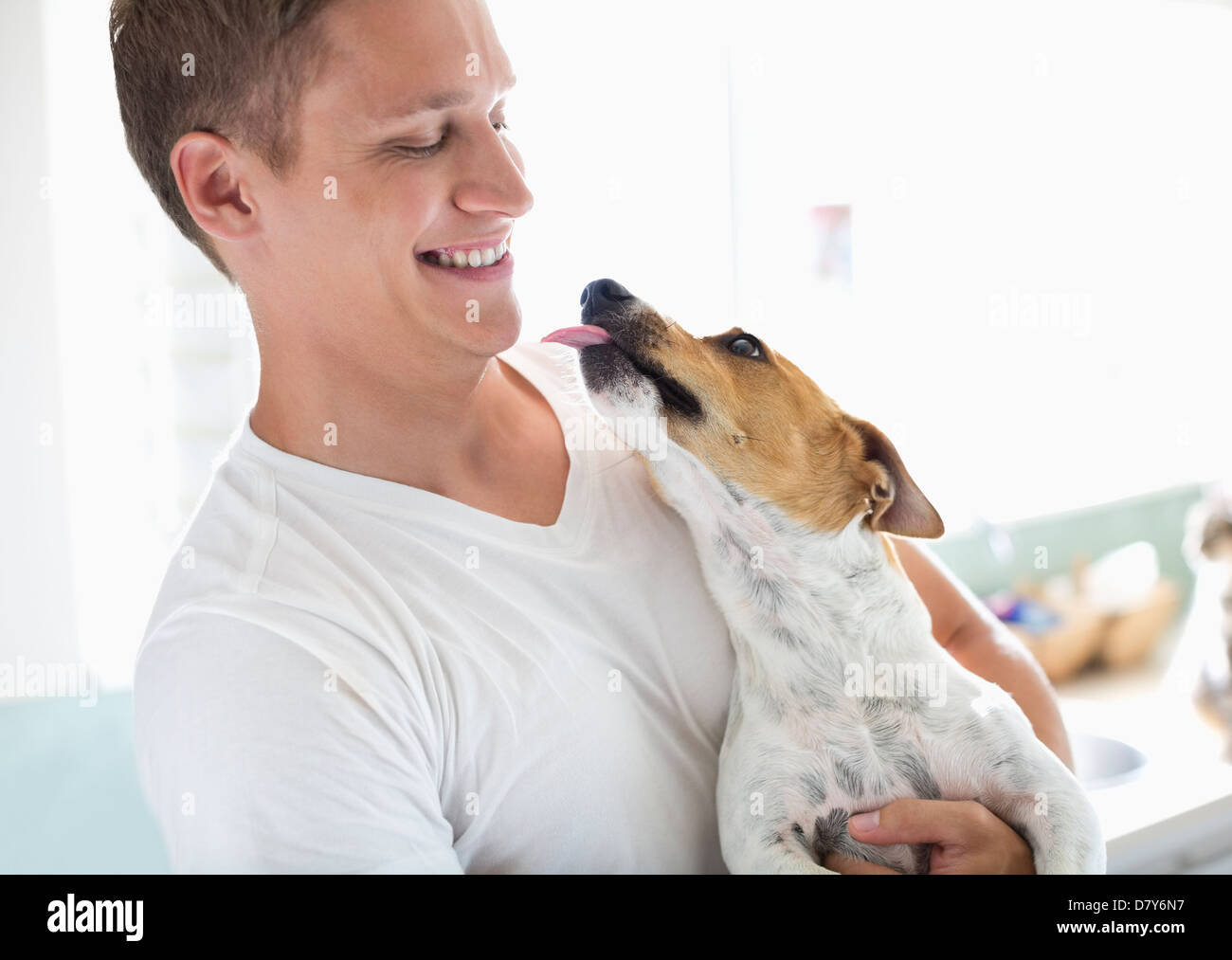 Smiling man holding dog Stock Photo