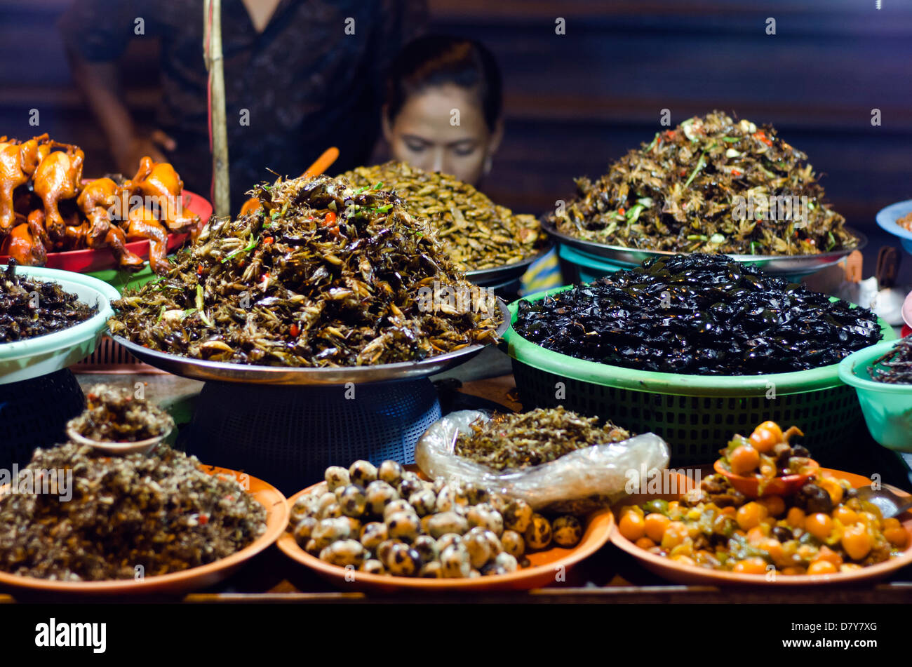 Vendor selling insects at Riverside,Phnom Penh,Cambodia Stock Photo