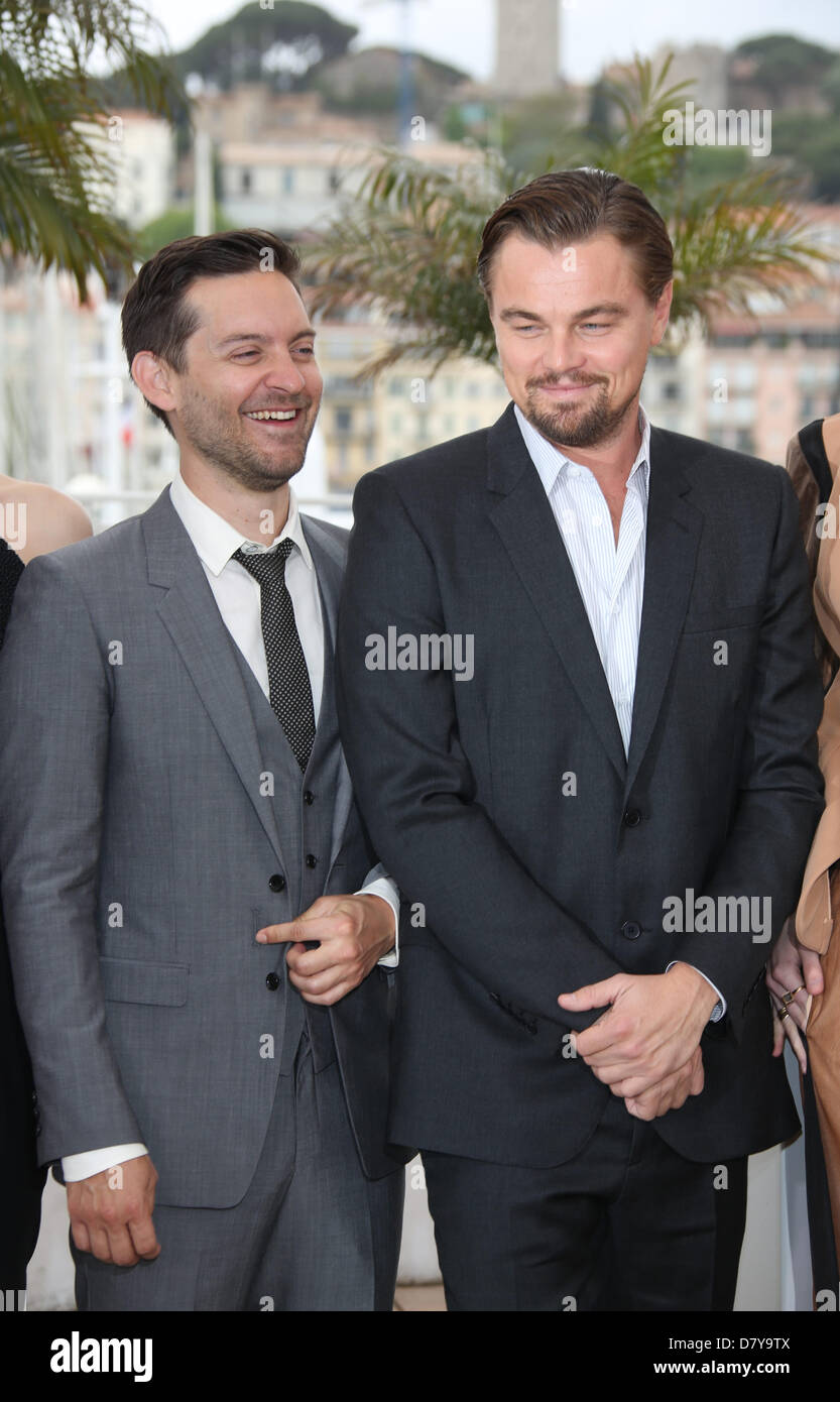 Cannes, France. May 15, 2013.  US actors Tobey Maguire (L) and Leonardo DiCaprio pose during the photocall for 'The Great Gatsby' at the 66th annual Cannes Film Festival in Cannes, France, 15 May 2013. The movie is presented out of competition at the festival which runs from 15 to 26 May. Photo: Hubert Boesl/DPA/Alamy Live News Stock Photo