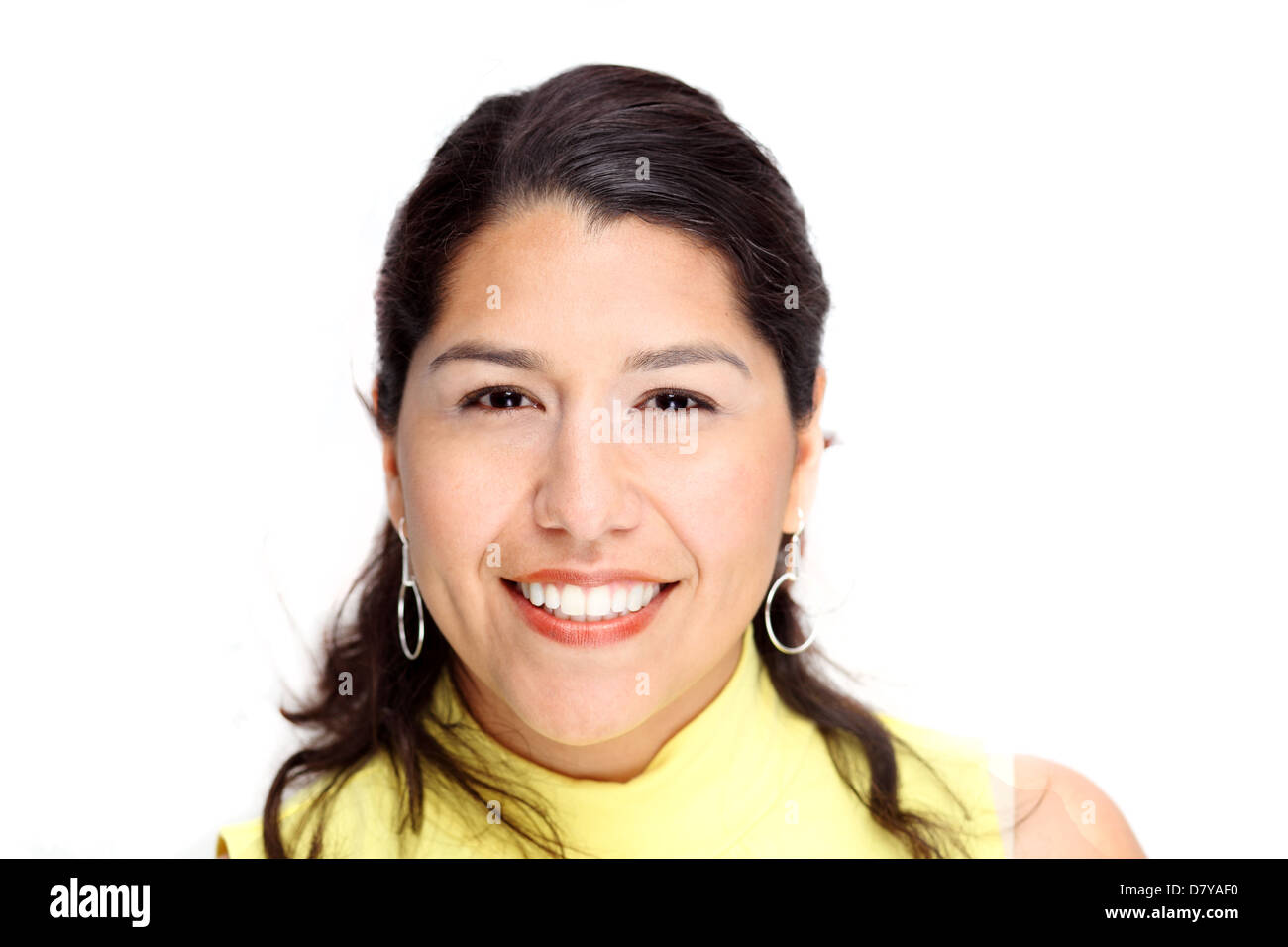 Hispanic woman on white background Stock Photo