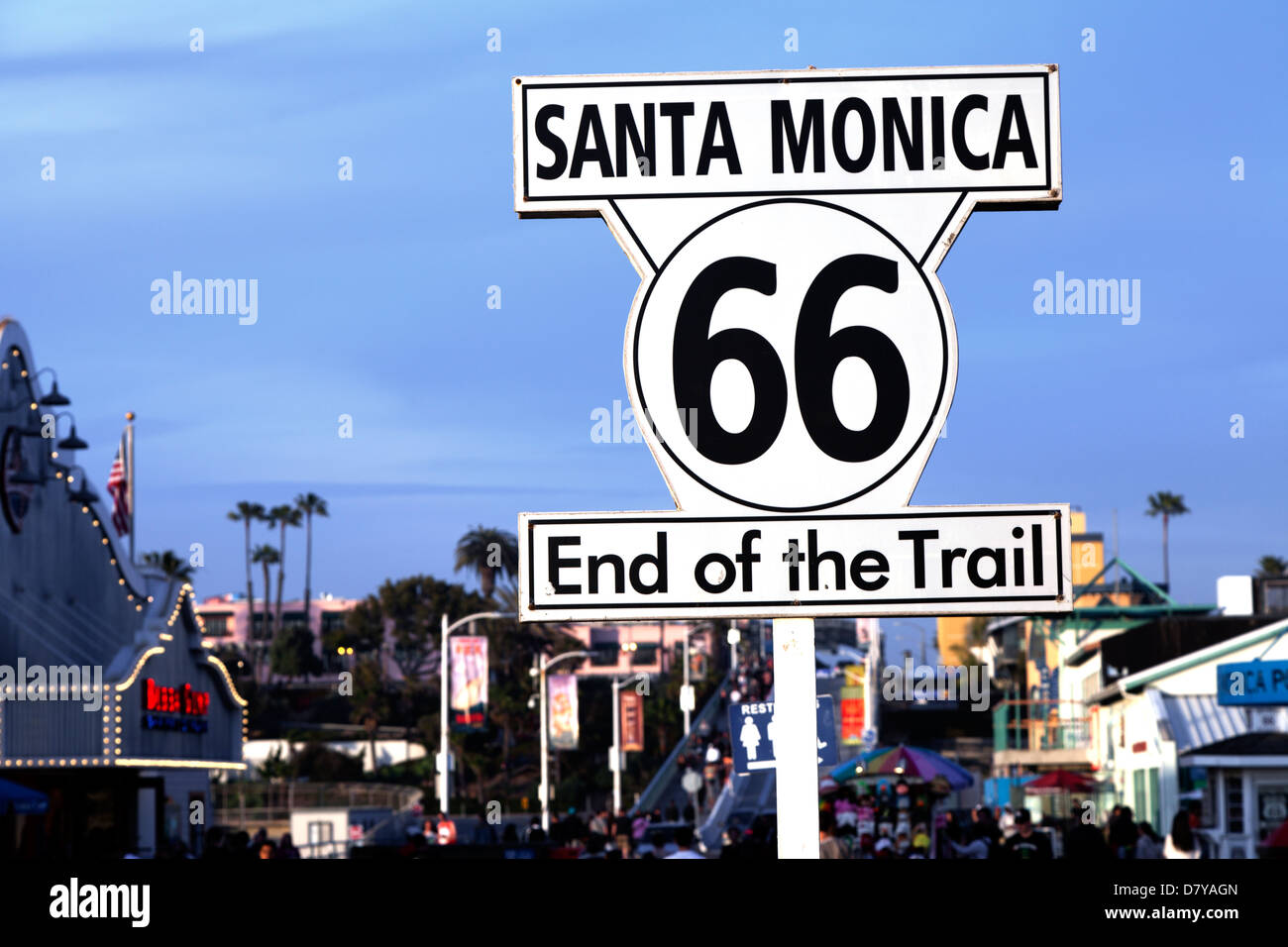 Sign marking the western terminus of Route 66 on the Santa Monica Pier. Stock Photo