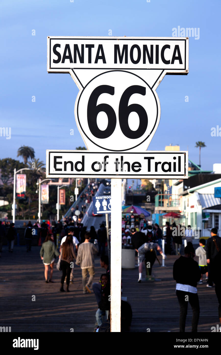 Sign marking the western terminus of Route 66 on the Santa Monica Pier. Stock Photo
