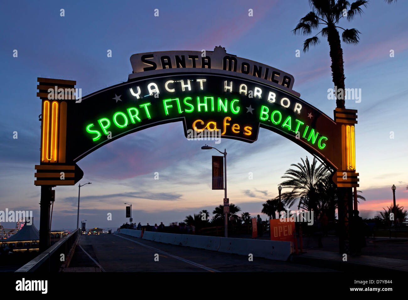 Neon archway at the entrance to the Santa Monica Pier in Santa Monica, California. Stock Photo