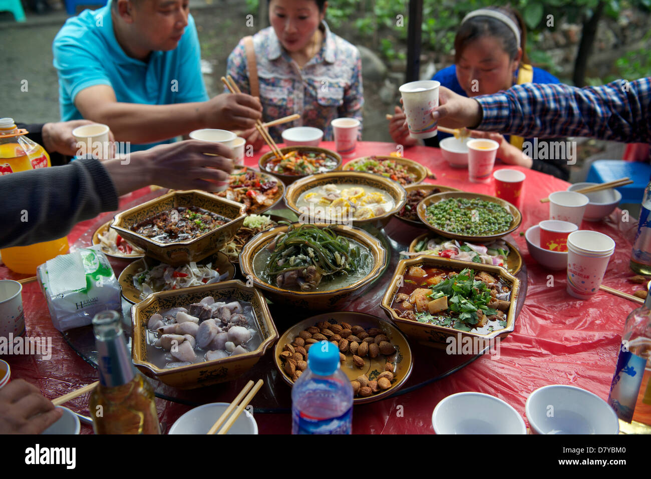 Wedding feast in rural Wenjiang, Chengdu, Sichuan, China.06-May-2013 Stock Photo