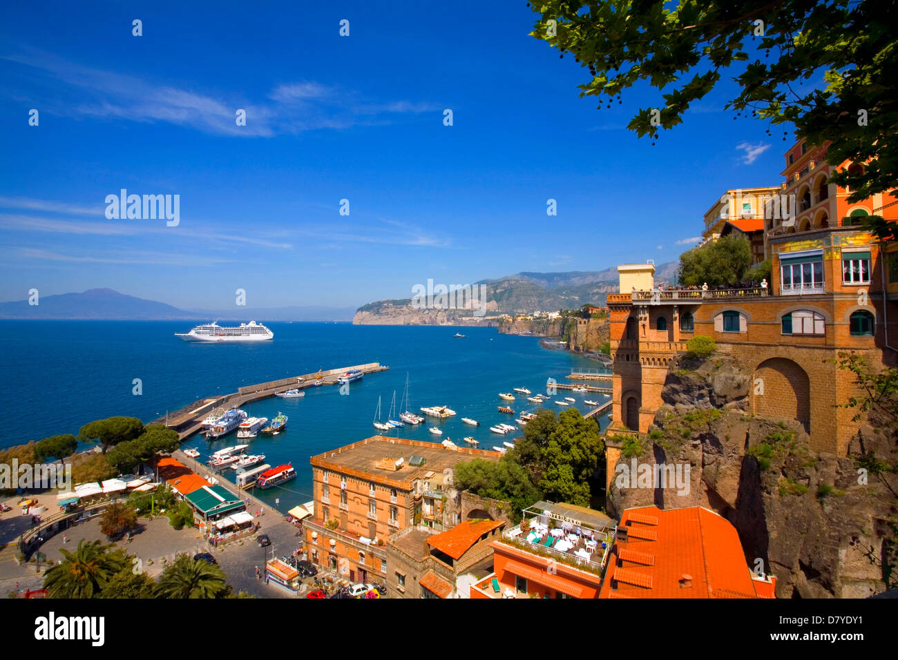 View of Marina Grande Harbor and Mt. Vesuvius in Sorrento, Amalfi Coast, Campania, Italy Stock Photo