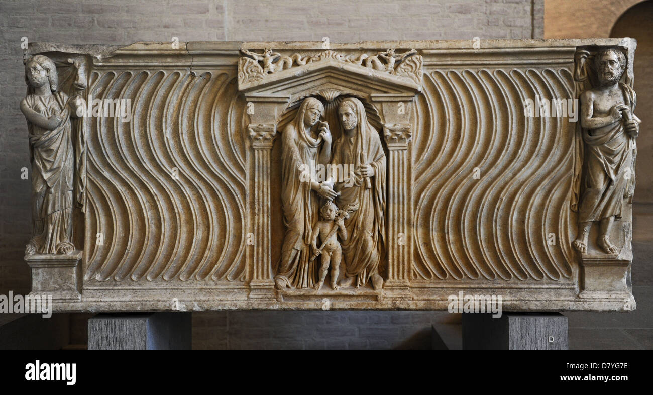 Roman art. Sarcophagus of a married couple. About 240 AD. He as a Greek orator an she is a muse. Glyptothek. Munich. Stock Photo