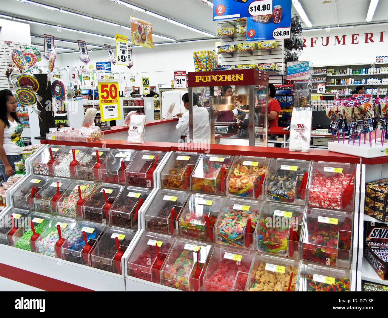 luscious display bins colorful colourful small old fashioned candies Woolworth store Puebla Mexico Stock Photo