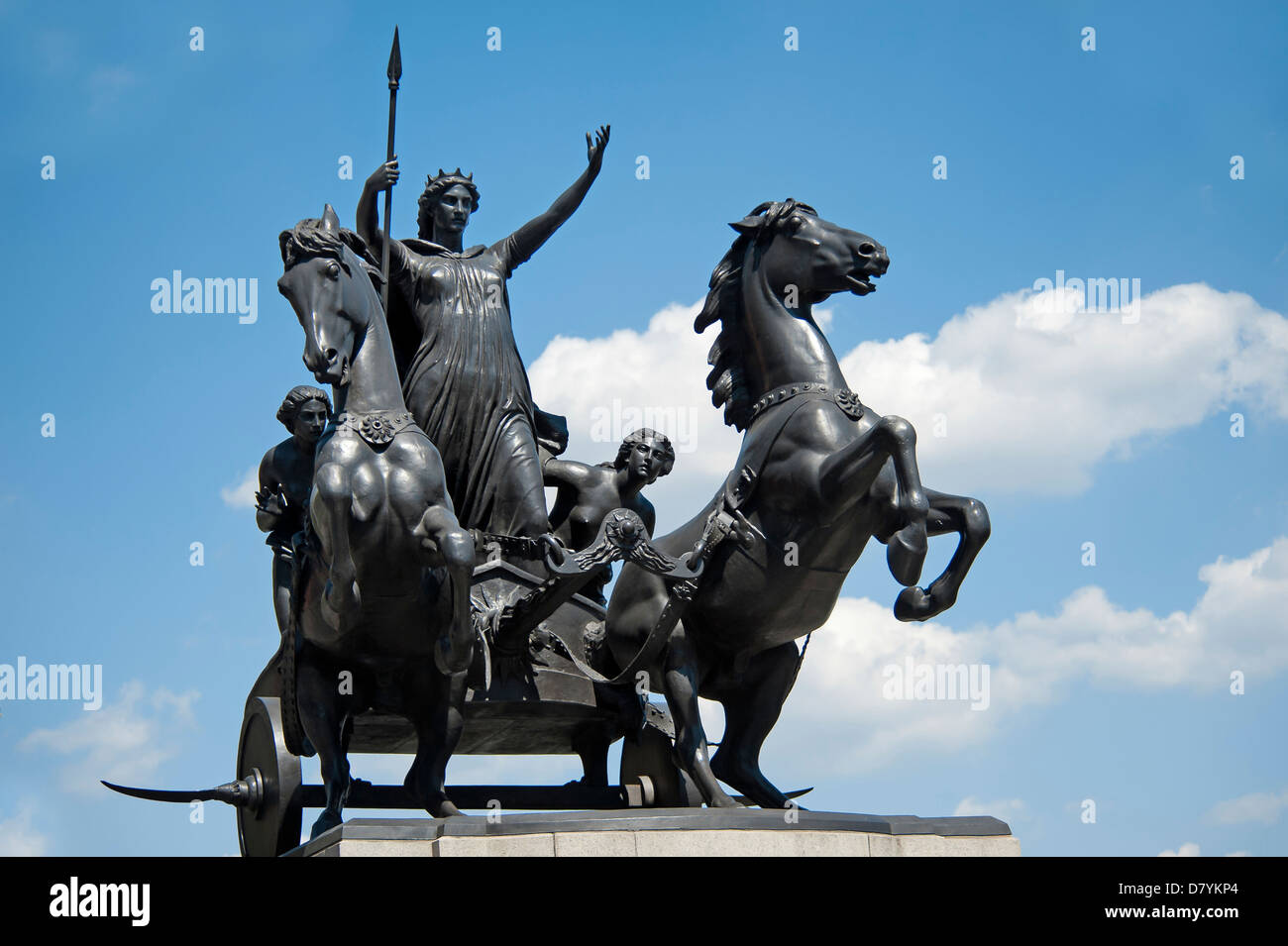 LONDON, UK - MAY 24, 2010:  Statue of Queen Boudicca on Westminster Bridge isolated against blue sky Stock Photo