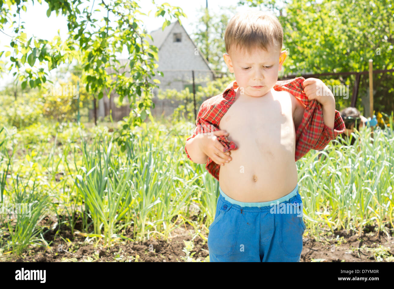 Hot little boy playing out in the vegetable garden removing his shirt ...