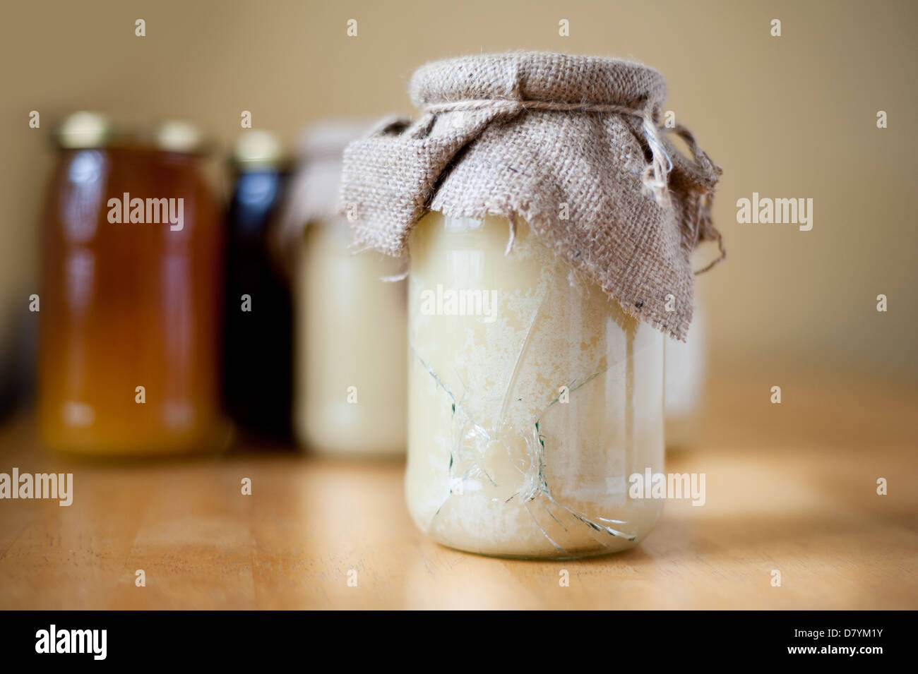 Broken glass jar with crystallized colza honey Stock Photo Alamy