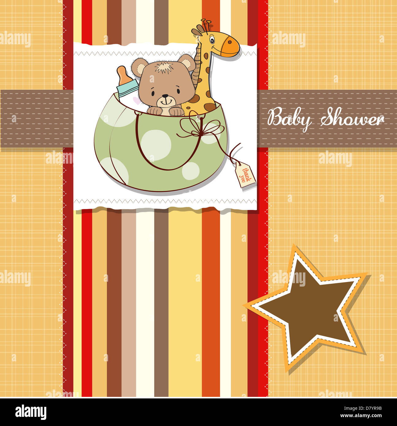 new baby announcement card with bag and same toys, illustration in
