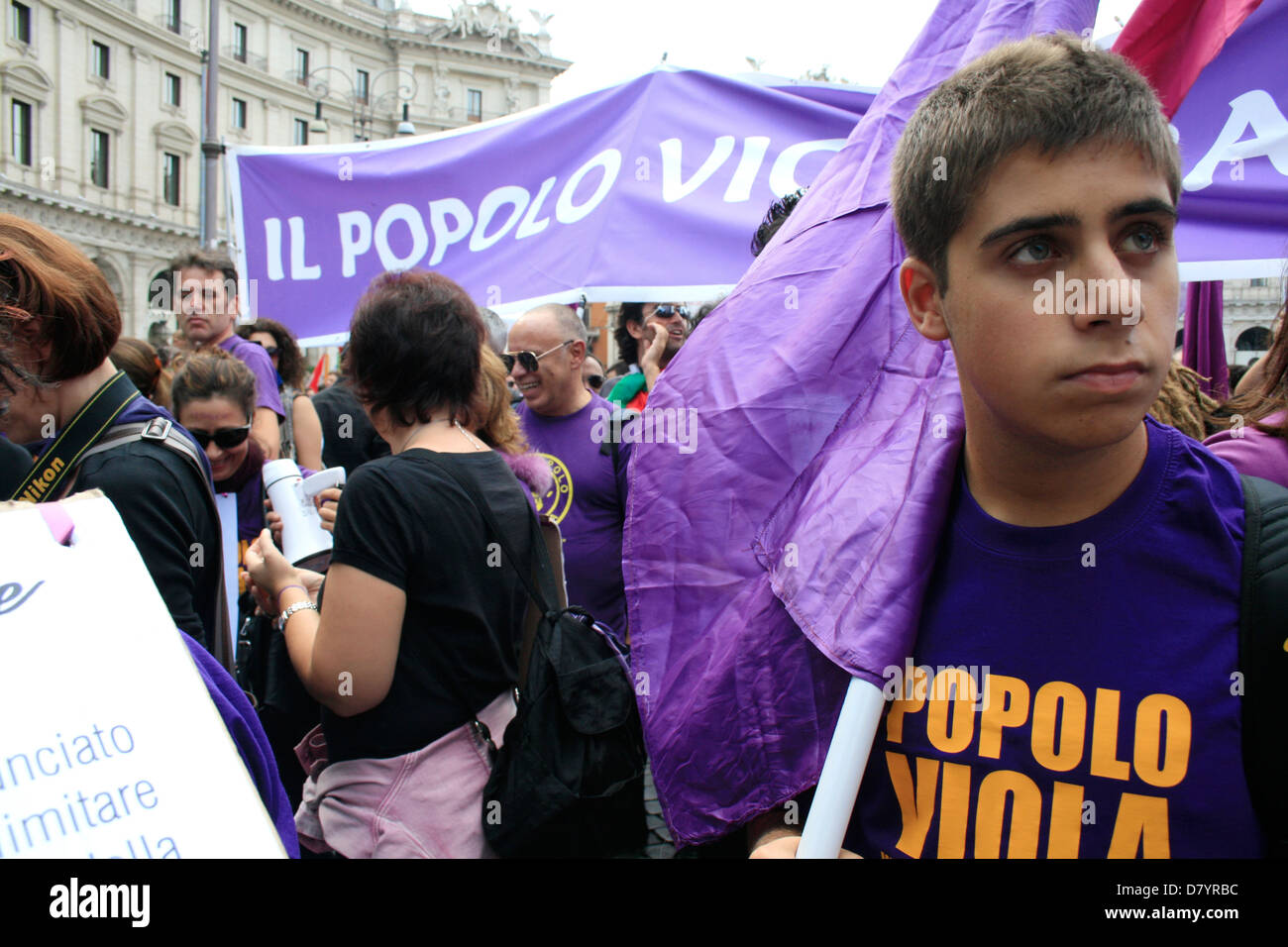 no berlusconi day protest with the popolo viola movement in rome italy ...