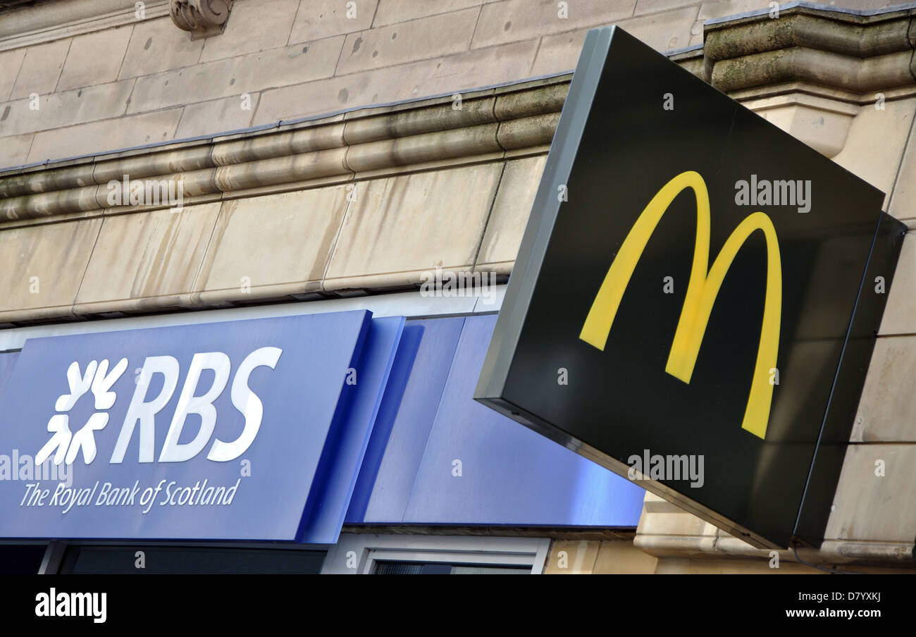 McDonald's and RBS, Royal Bank of Scotland, signs, Market Street, Leicester, England, UK Stock Photo