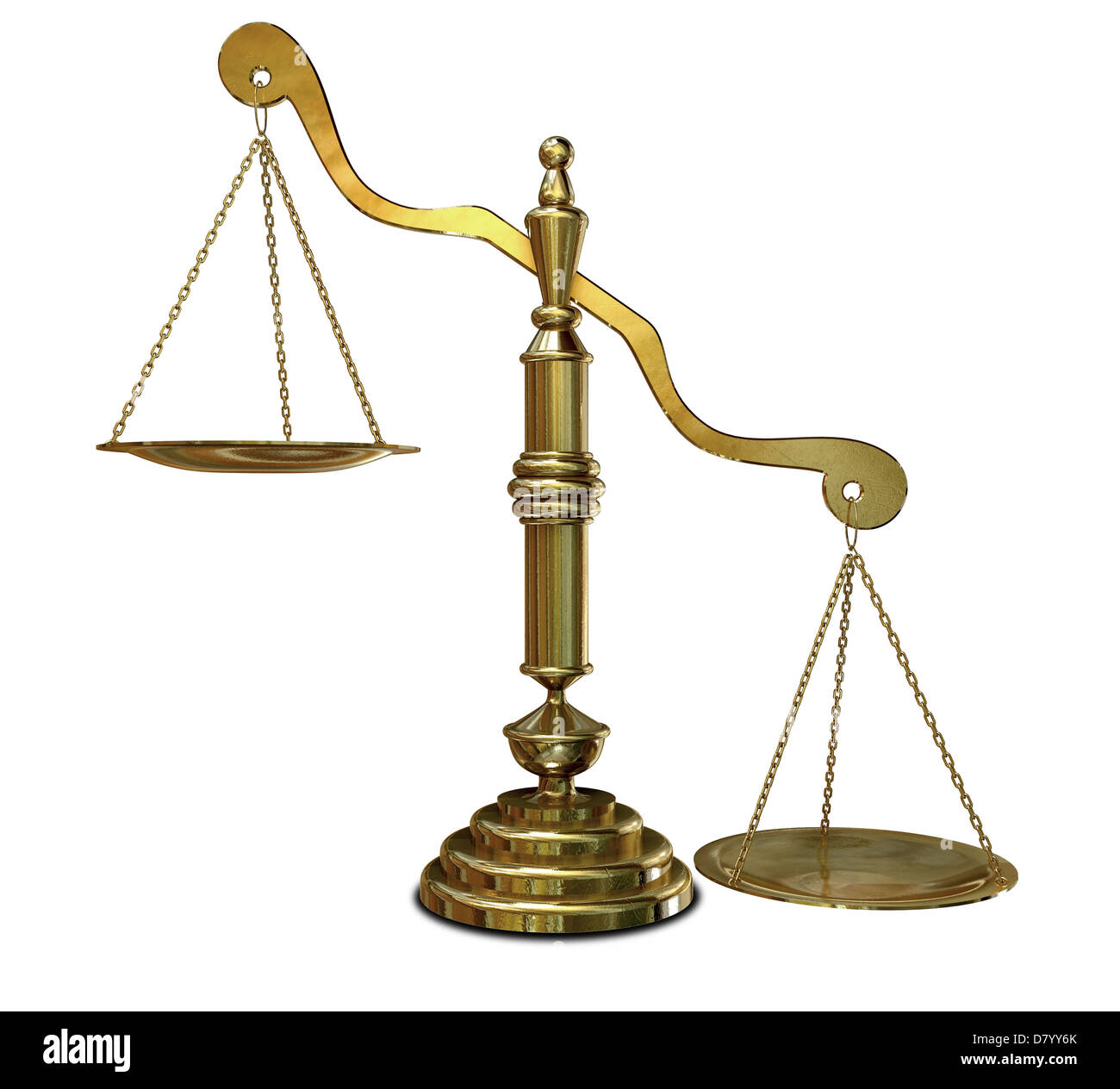 An empty gold justice scale with one side outweighing the the other on