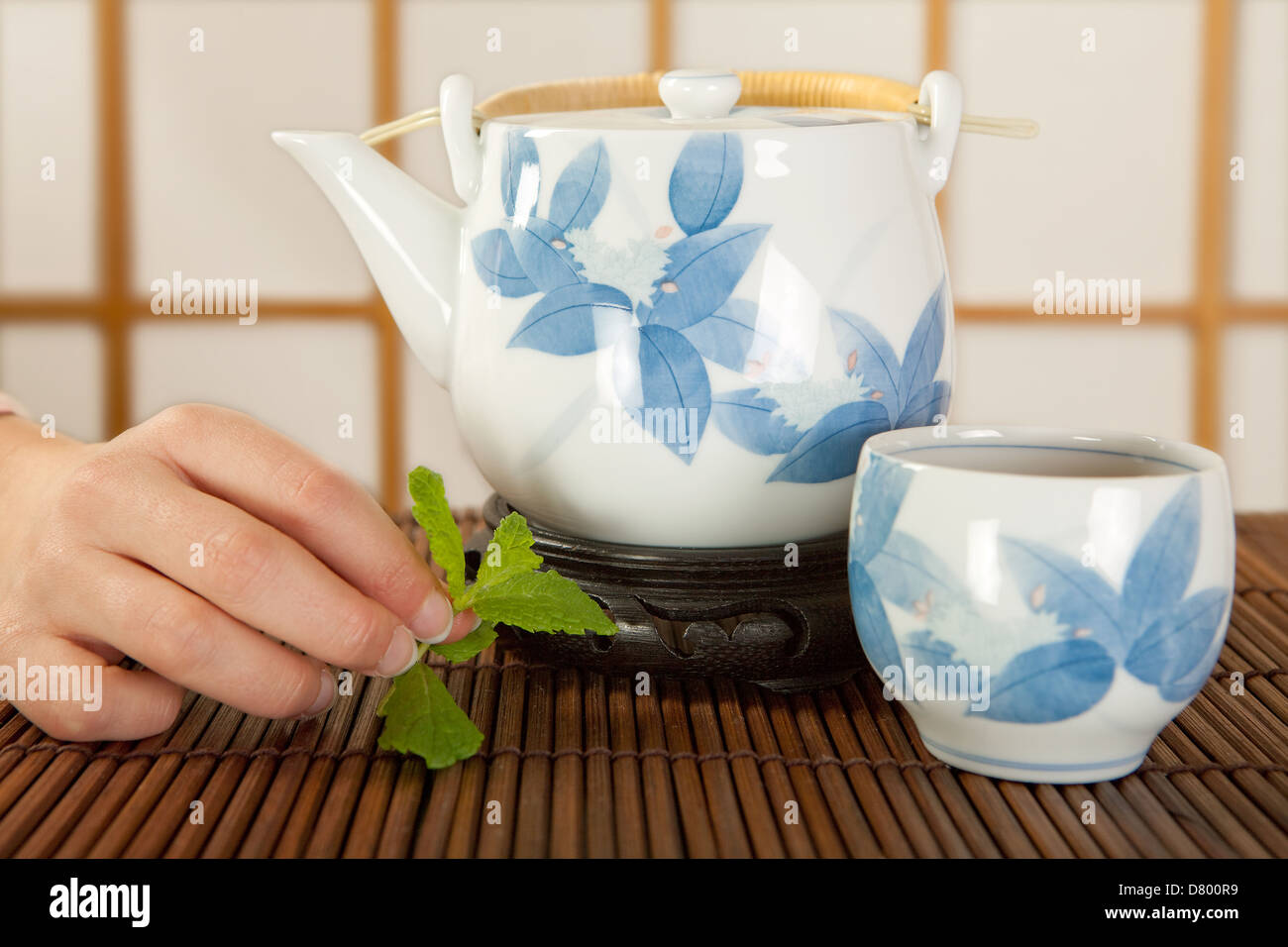 Japanese green tea in a traditional room with Shoji sliding windows ...