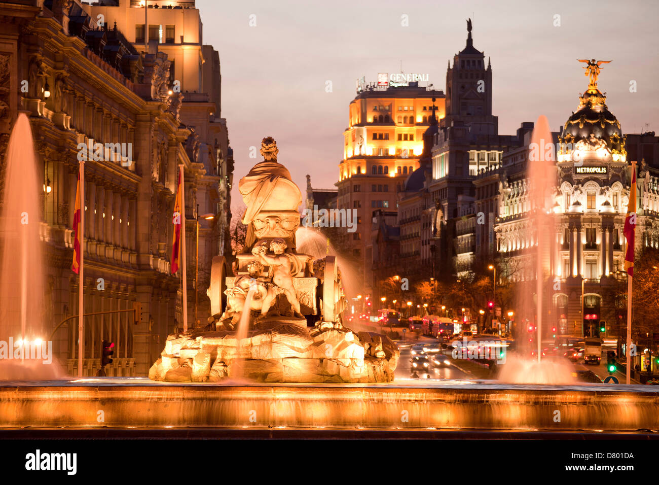 the illuminated fountain Fuente de Cibeles on Plaza de Cibeles, Madrid, Spain, Europe Stock Photo