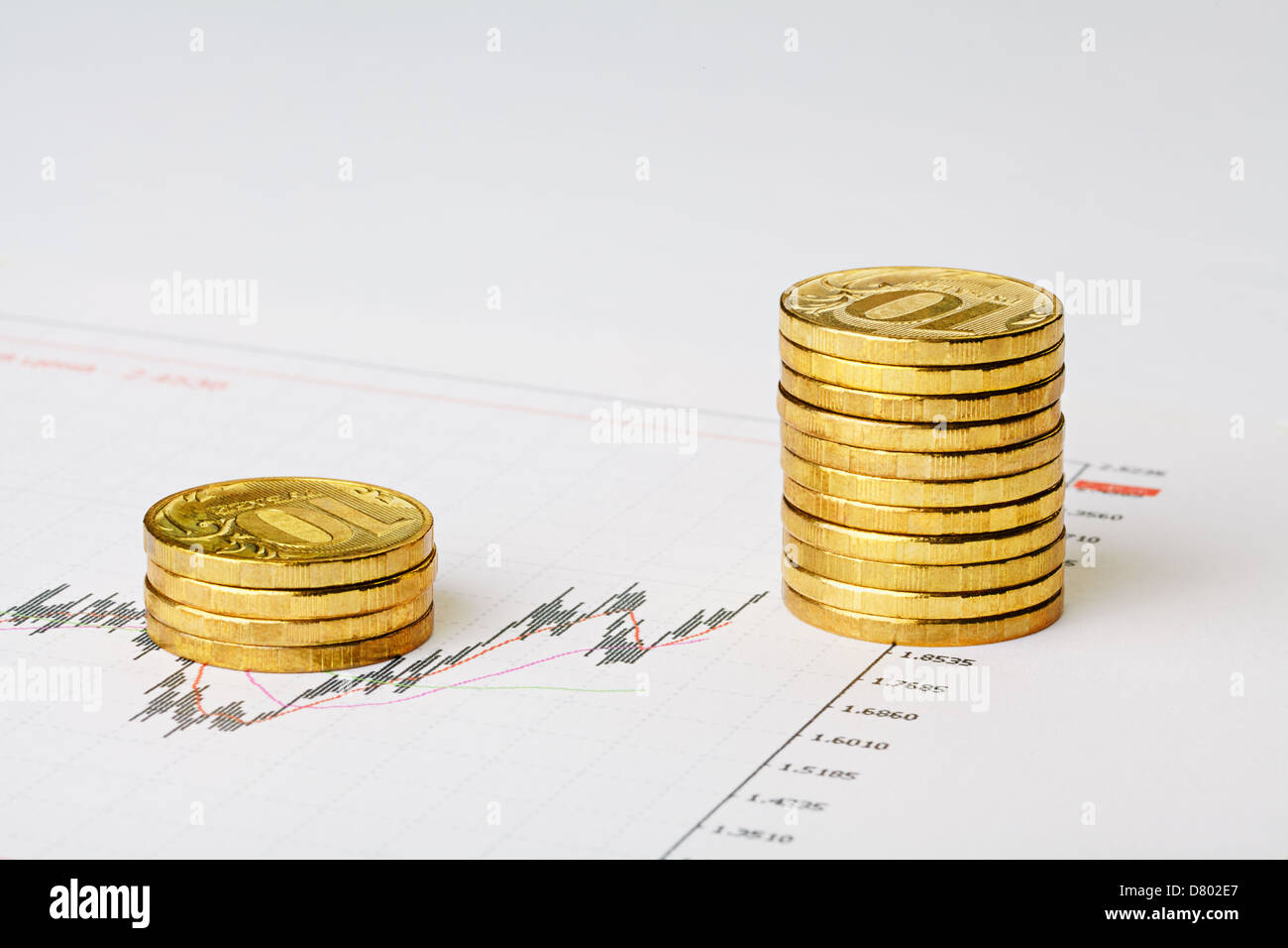 Financial chart and columns of golden coins. Successful trading. Stock Photo