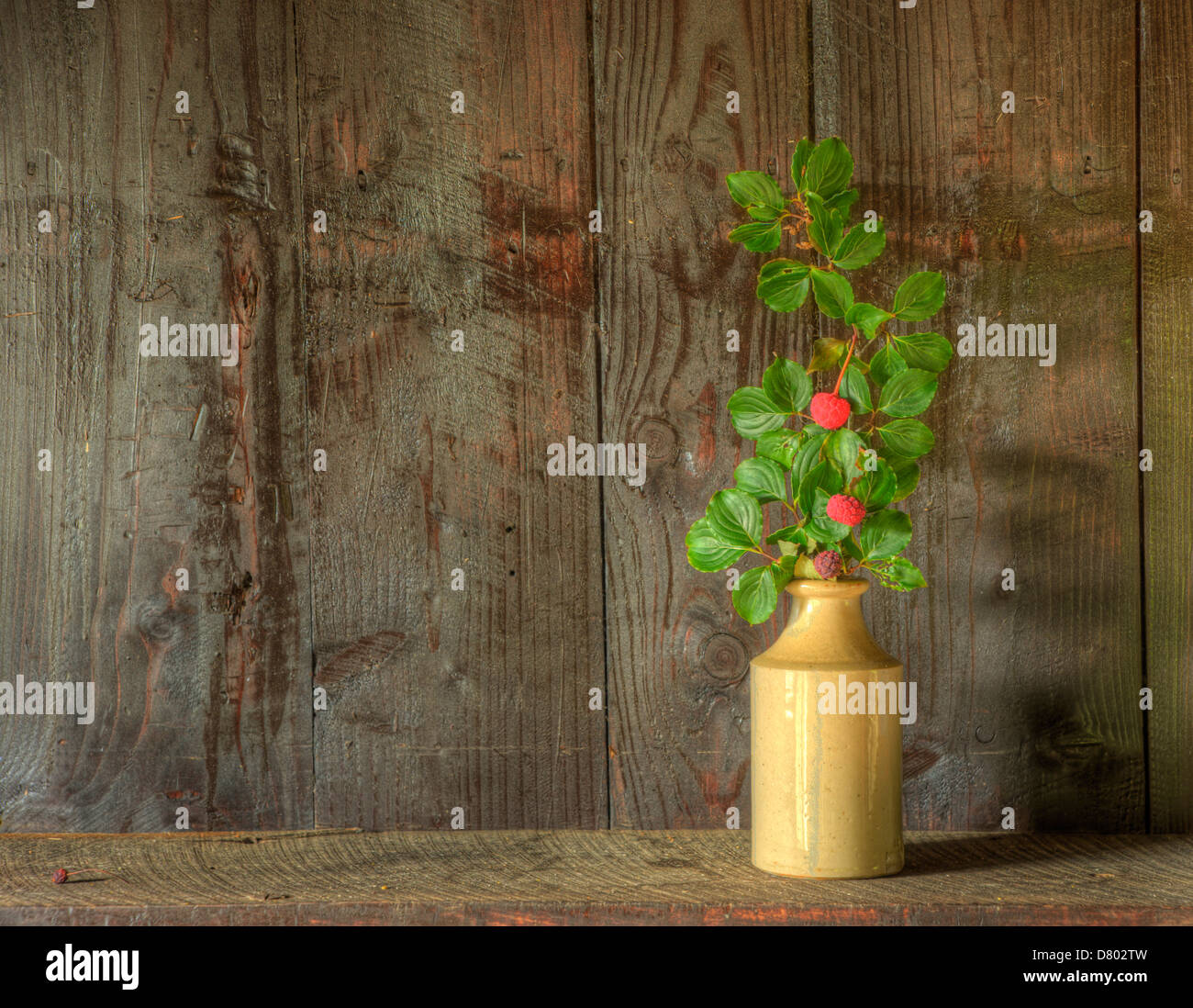 Still life image of dried flowers in rustic vase against weathered ...
