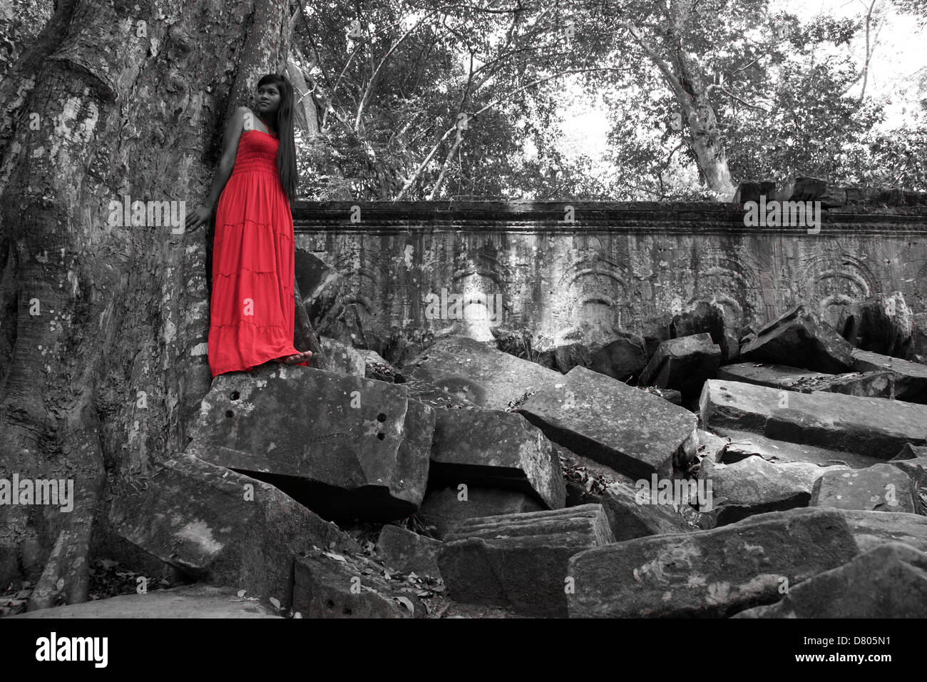Beautiful Cambodian woman wearing a red dress posing beside a tree in Ta Phrom temple in Angkor Cambodia. Red selective coloring Stock Photo