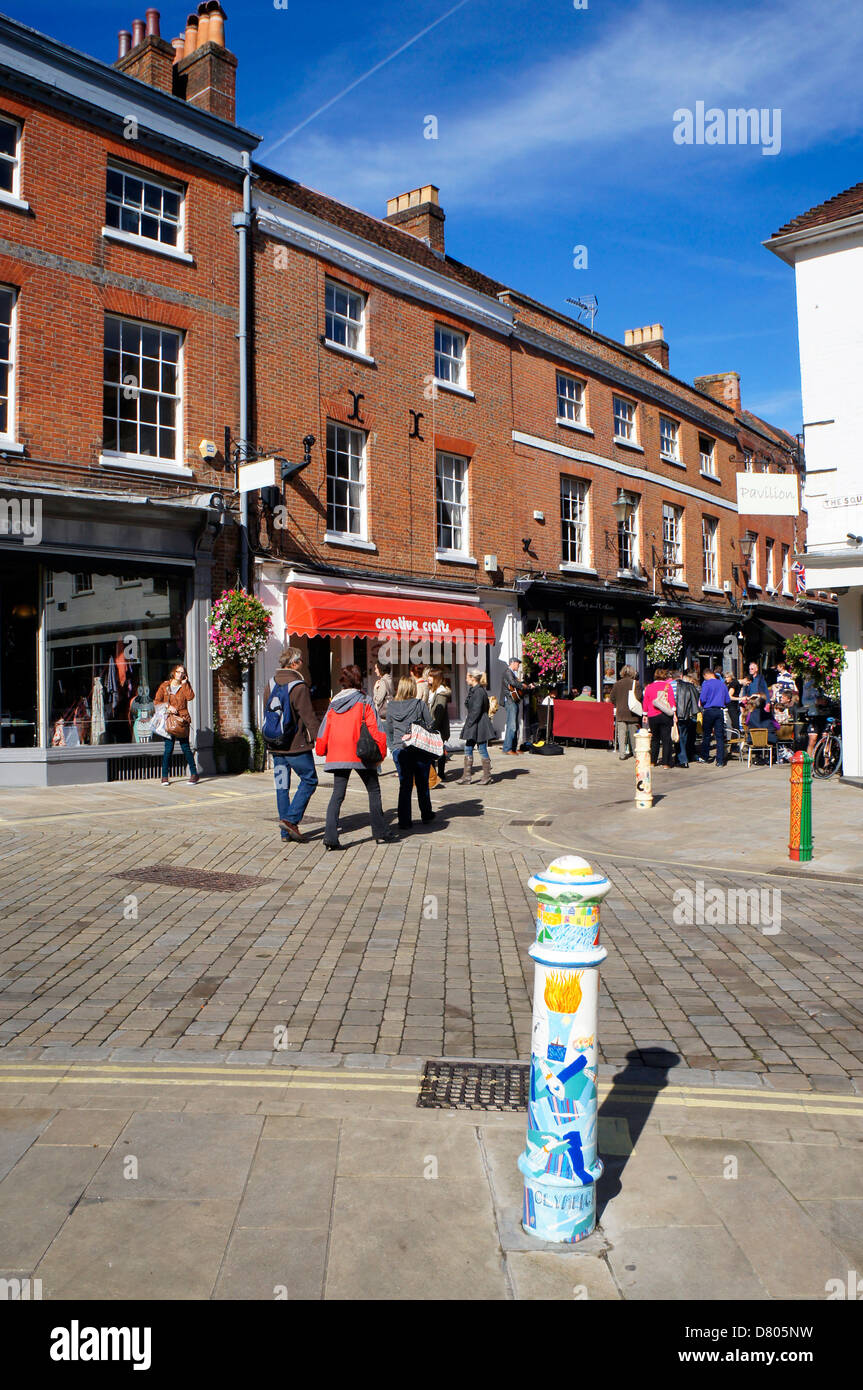 The Square, Winchester, Hampshire, with painted bollards Stock Photo