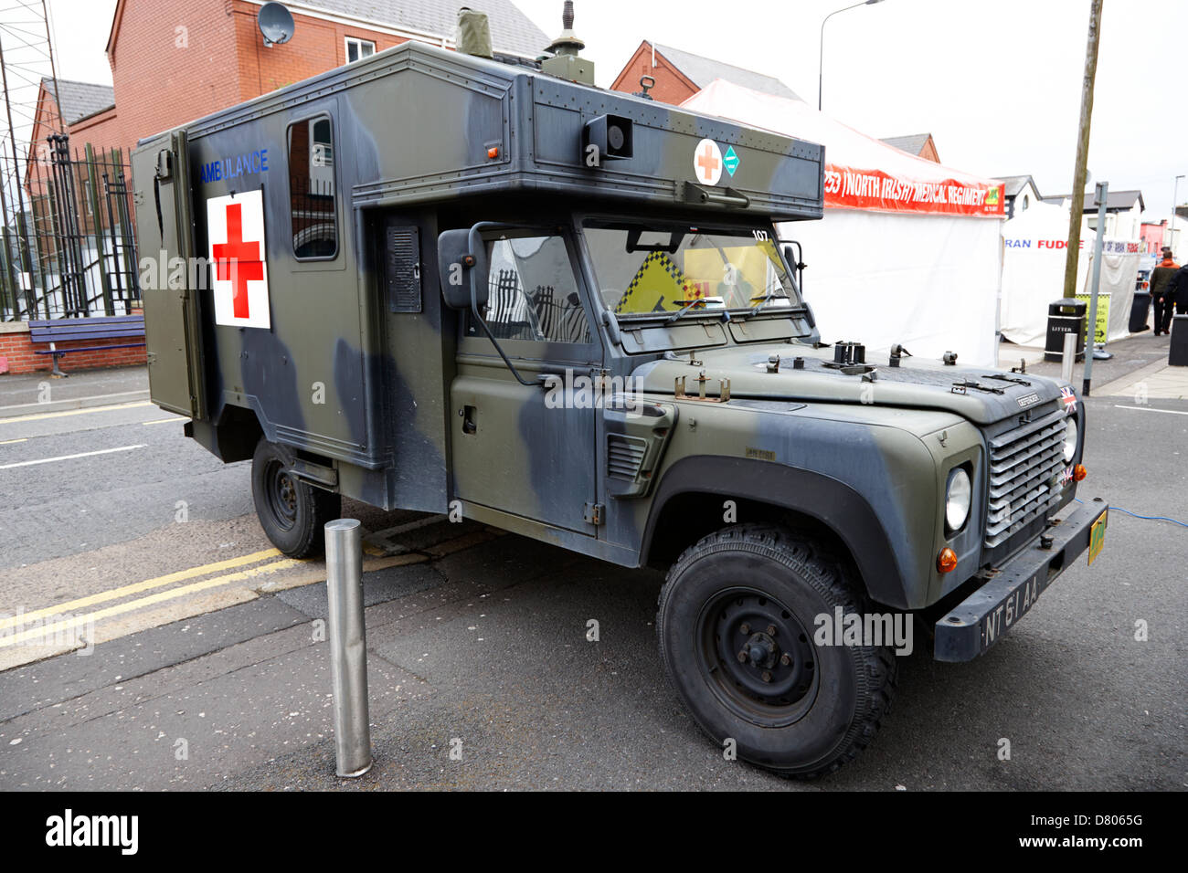 land rover battlefield ambulance at british army medical regiment recruiting stand at an outdoor event Stock Photo