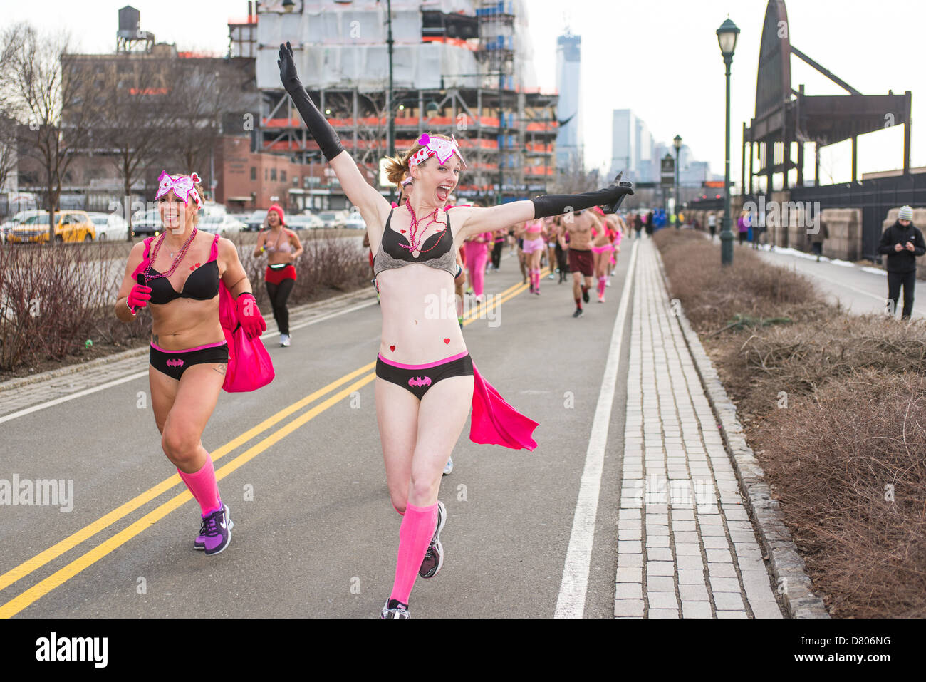 Participants in Cupid's Undie Run, a benefit for the Children's Tumor Foundation. Manhattan, NYC, Feb. 16, 2013. Stock Photo