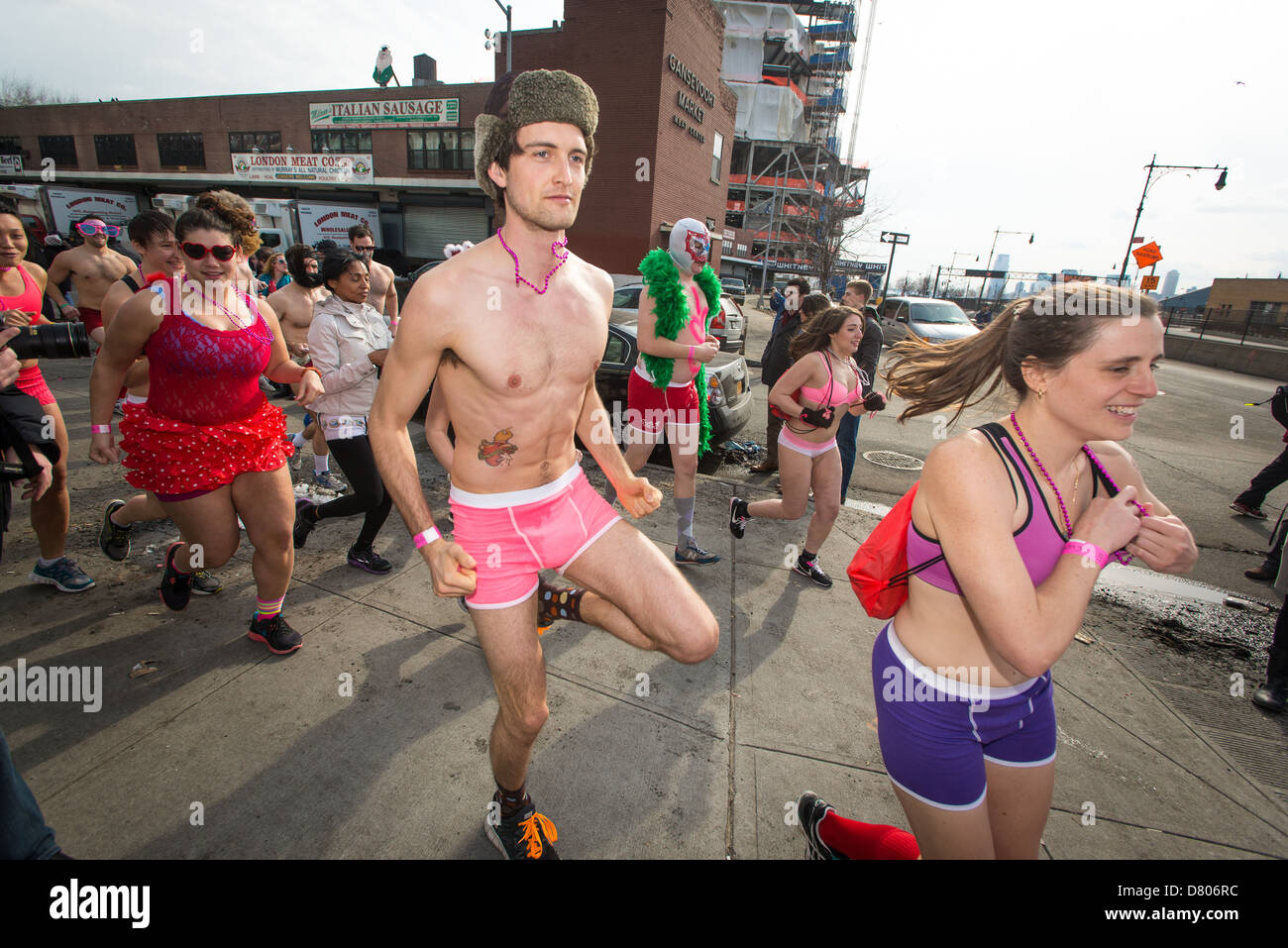 Participants in Cupid's Undie Run, a benefit for the Children's Tumor Foundation. Manhattan, NYC, Feb. 16, 2013. Stock Photo