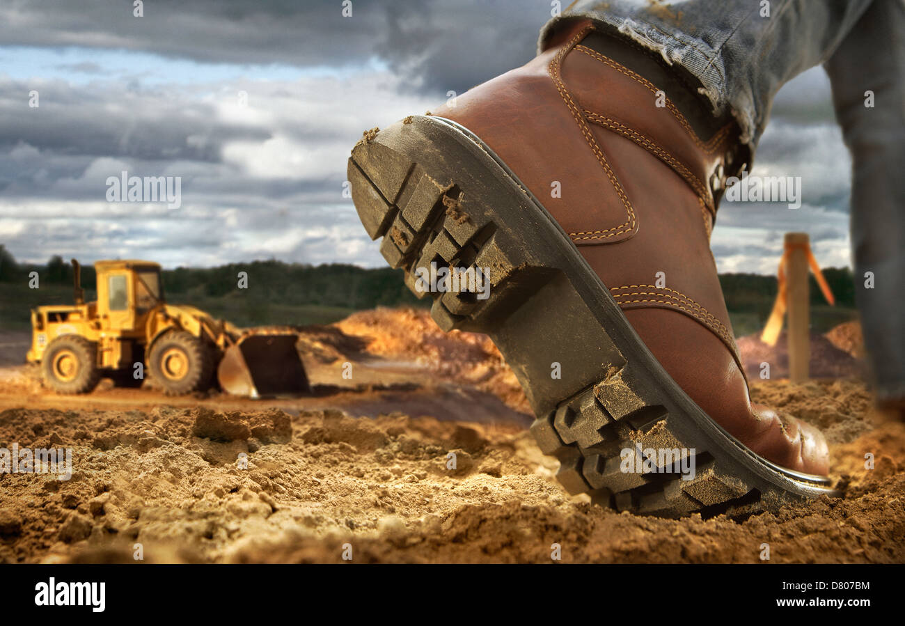 Close up of worker's boot on construction site Stock Photo Alamy