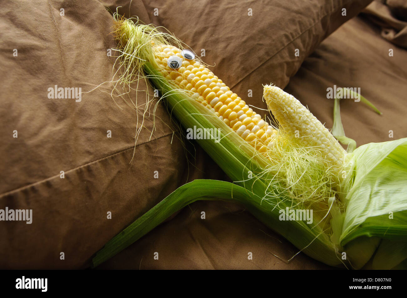 Partially unshucked ear of corn with googly eyes and a smaller baby ear