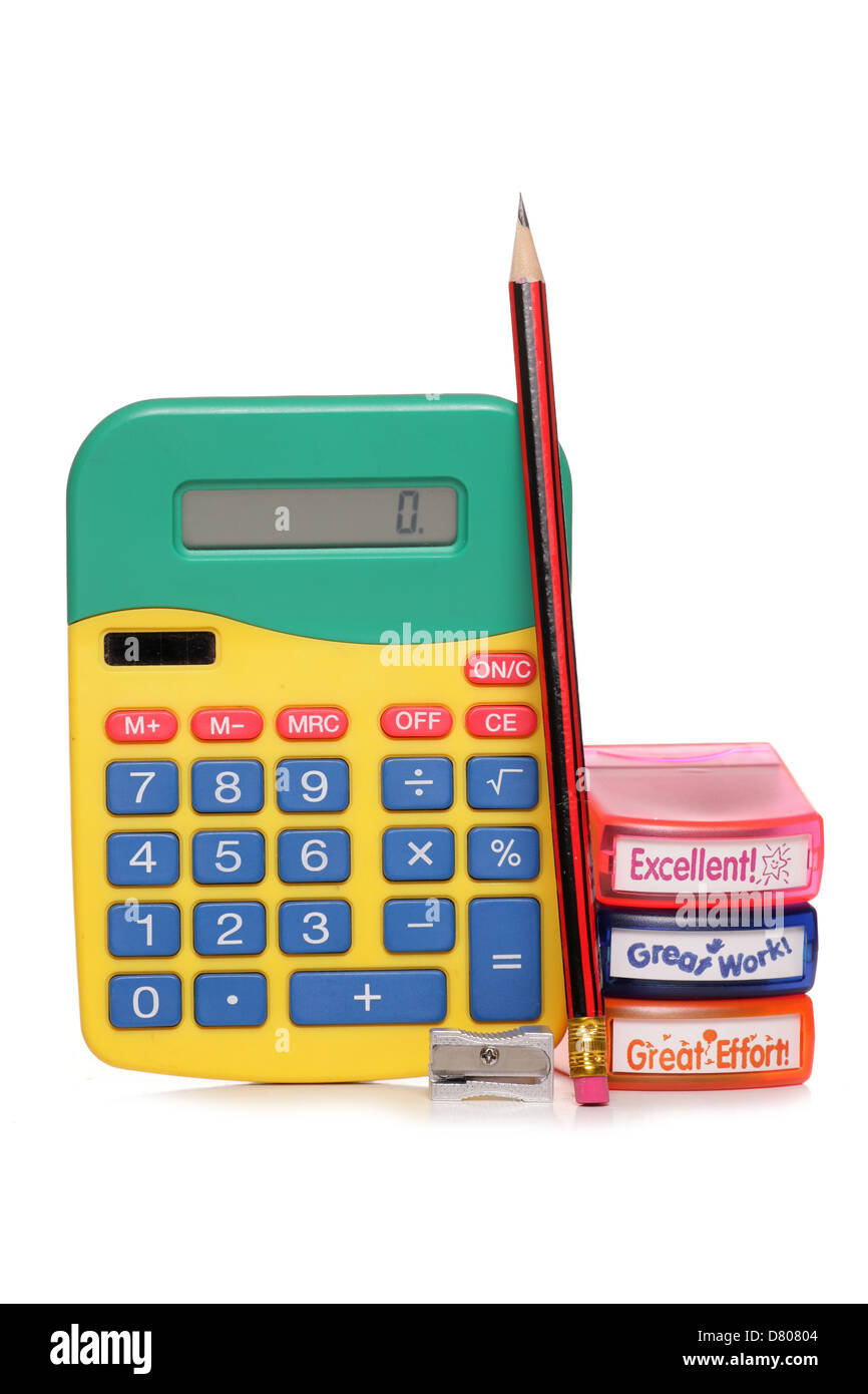 calculator and pencil studio cutout Stock Photo