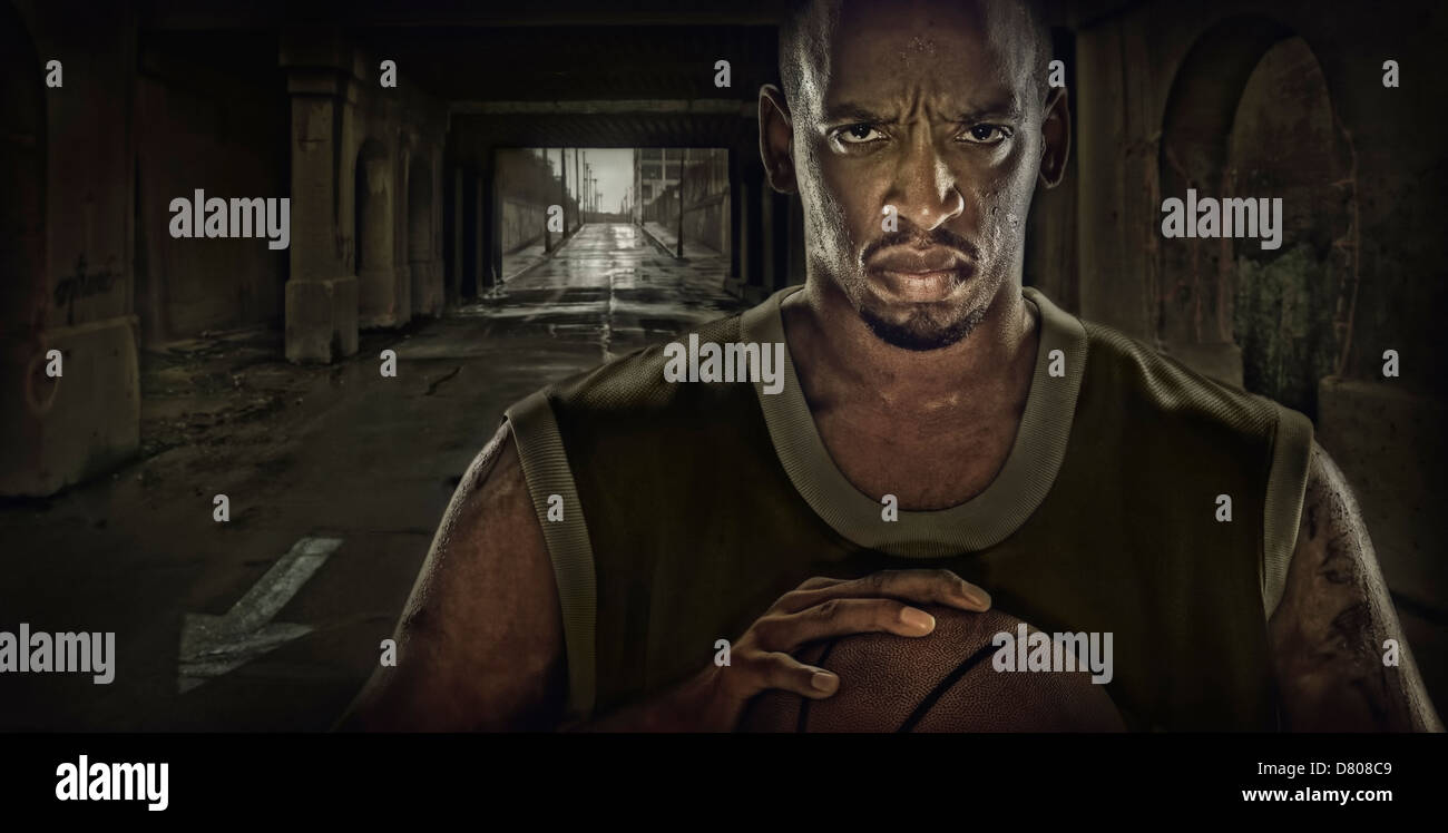 Illustration of African American basketball player standing in tunnel Stock Photo