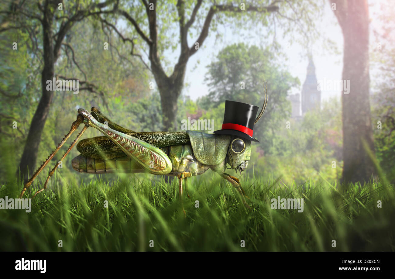 Illustration of cricket wearing monocle and top hat Stock Photo