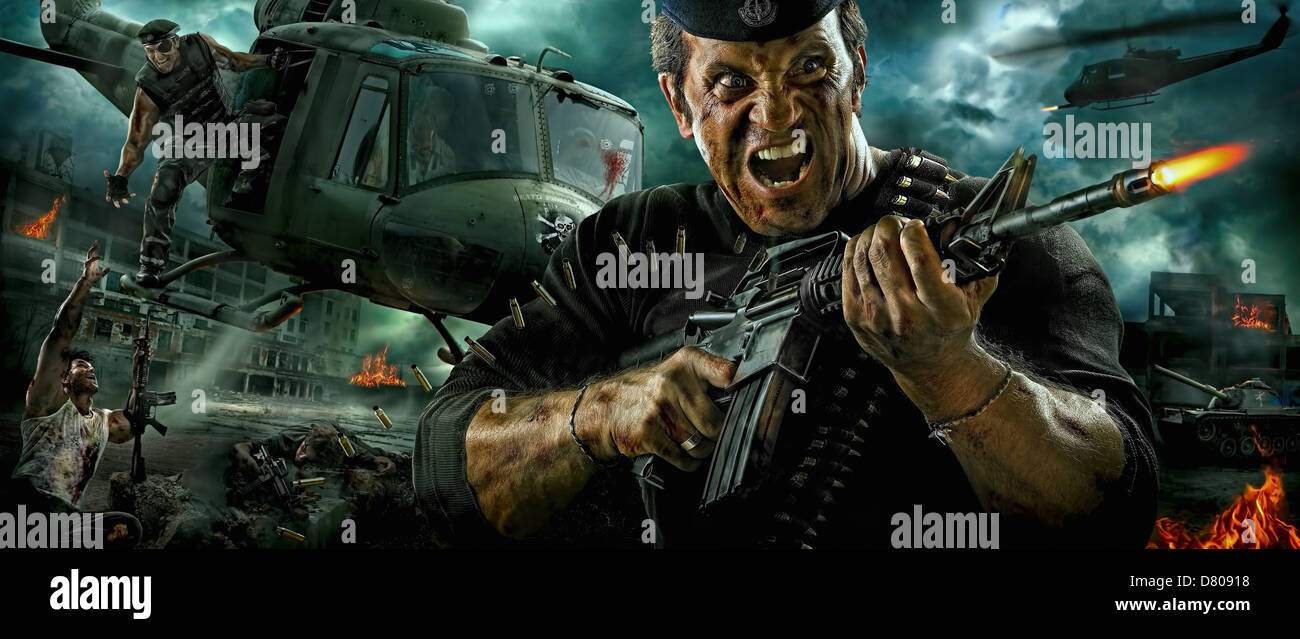 Illustration of Caucasian soldier shooting machine gun in battle Stock Photo