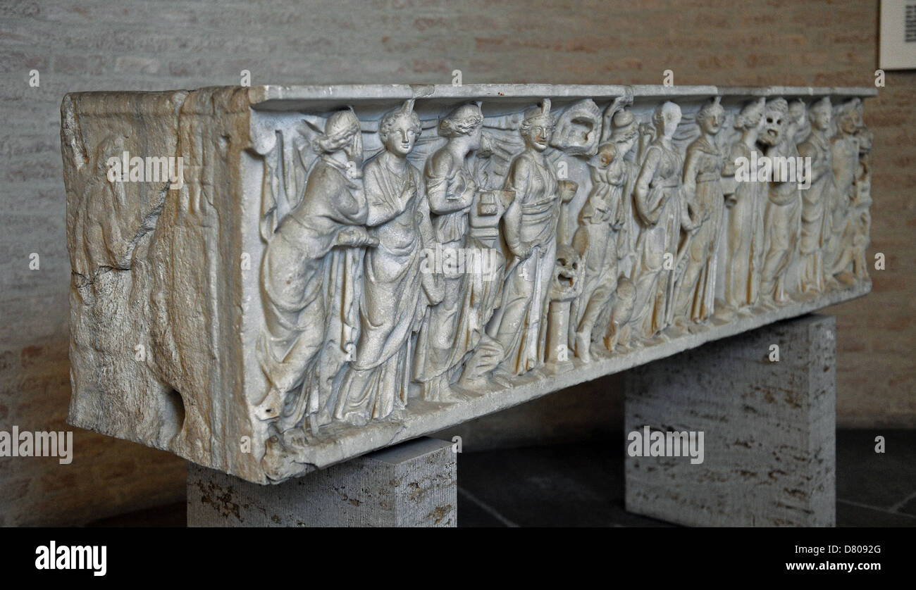 Roman sarcophagus. About 180 AD. Goddess Athena, God Apollo and the nine Muses. Reliefs. Glyptothek. Munich. Germany. Stock Photo