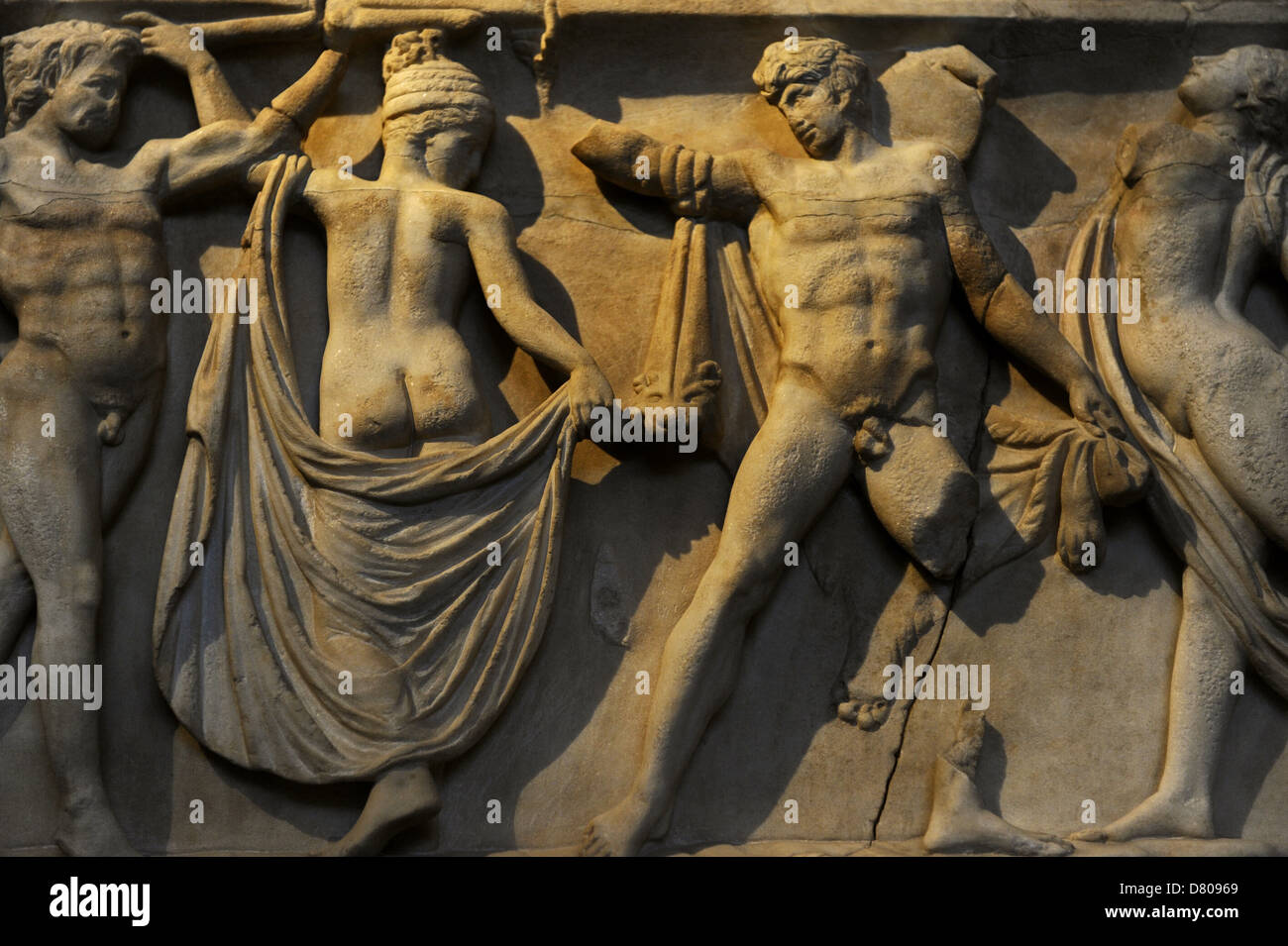 Front side of sarcophagus. Modern work after 2nd century AD originals. Marriage of Dionysus and Adriane. Glyptothek. Munich. Stock Photo