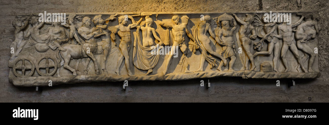 Front side of sarcophagus. Modern work after 2nd century AD originals. Marriage of Dionysus and Adriane. Glyptothek. Munich. Stock Photo