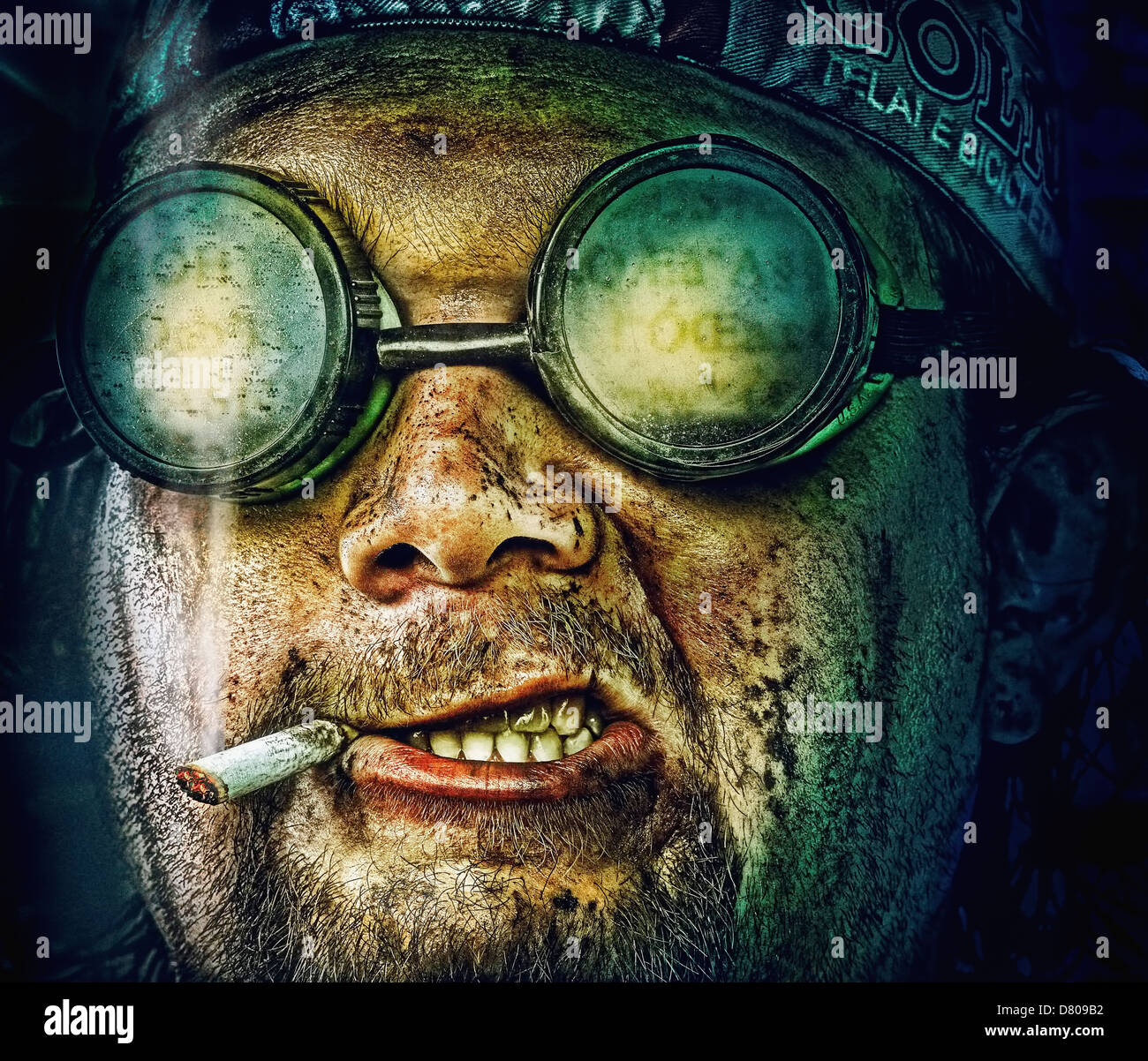 Illustration of Caucasian man in goggles smoking Stock Photo